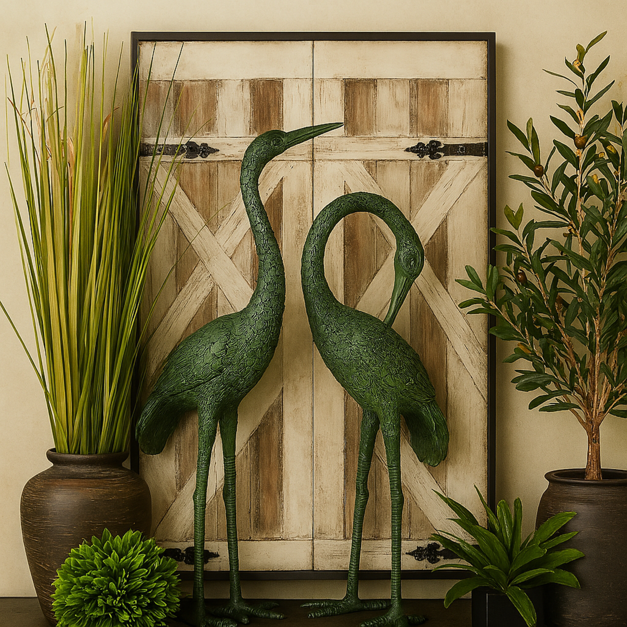 Set of 2 Crane Green Aluminum Metal Tall Indoor Outdoor Decorative Garden Sculpture