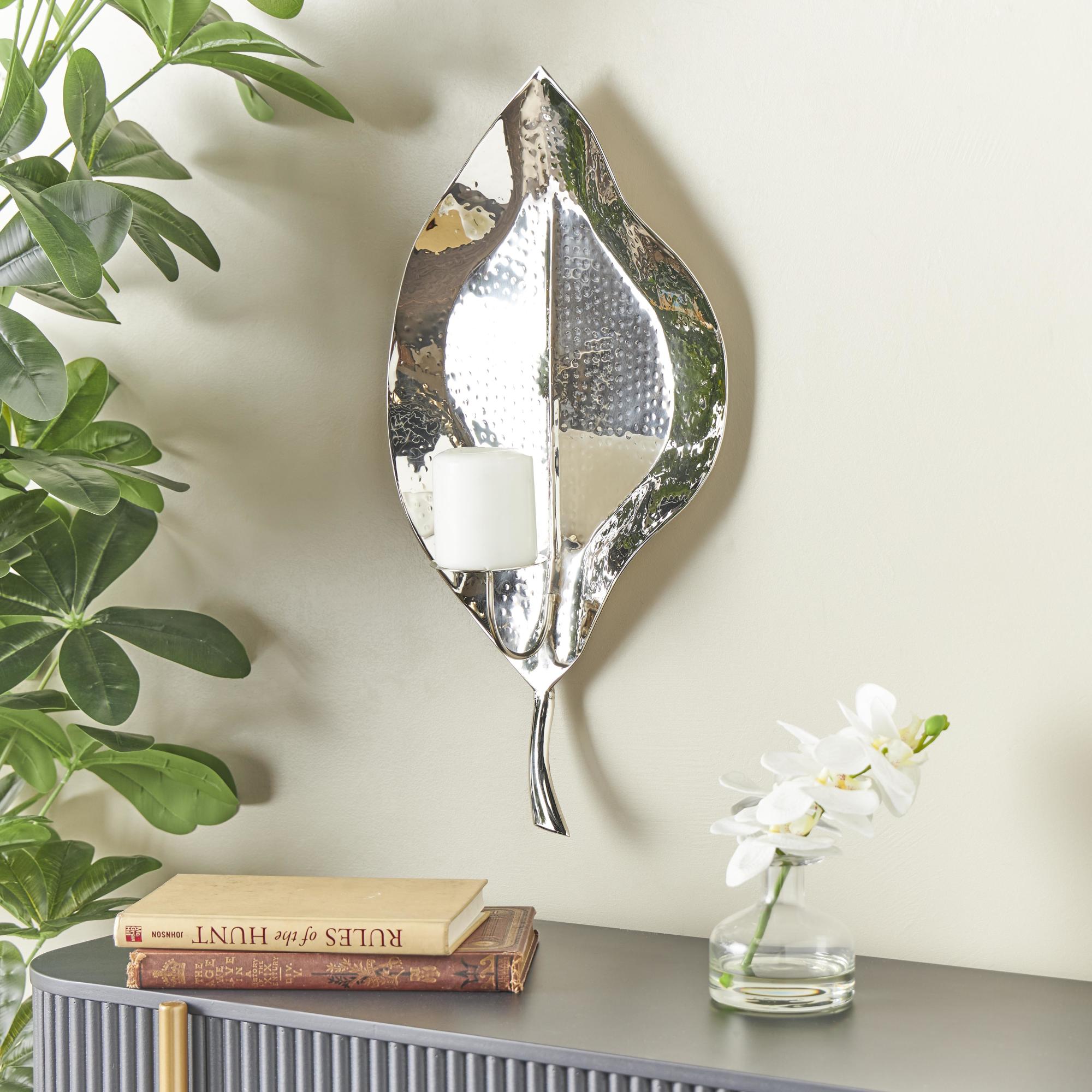 Leaf Silver Stainless Steel Metal Slim Single Candle Indoor Outdoor Wall Sconce with Hammered Design
