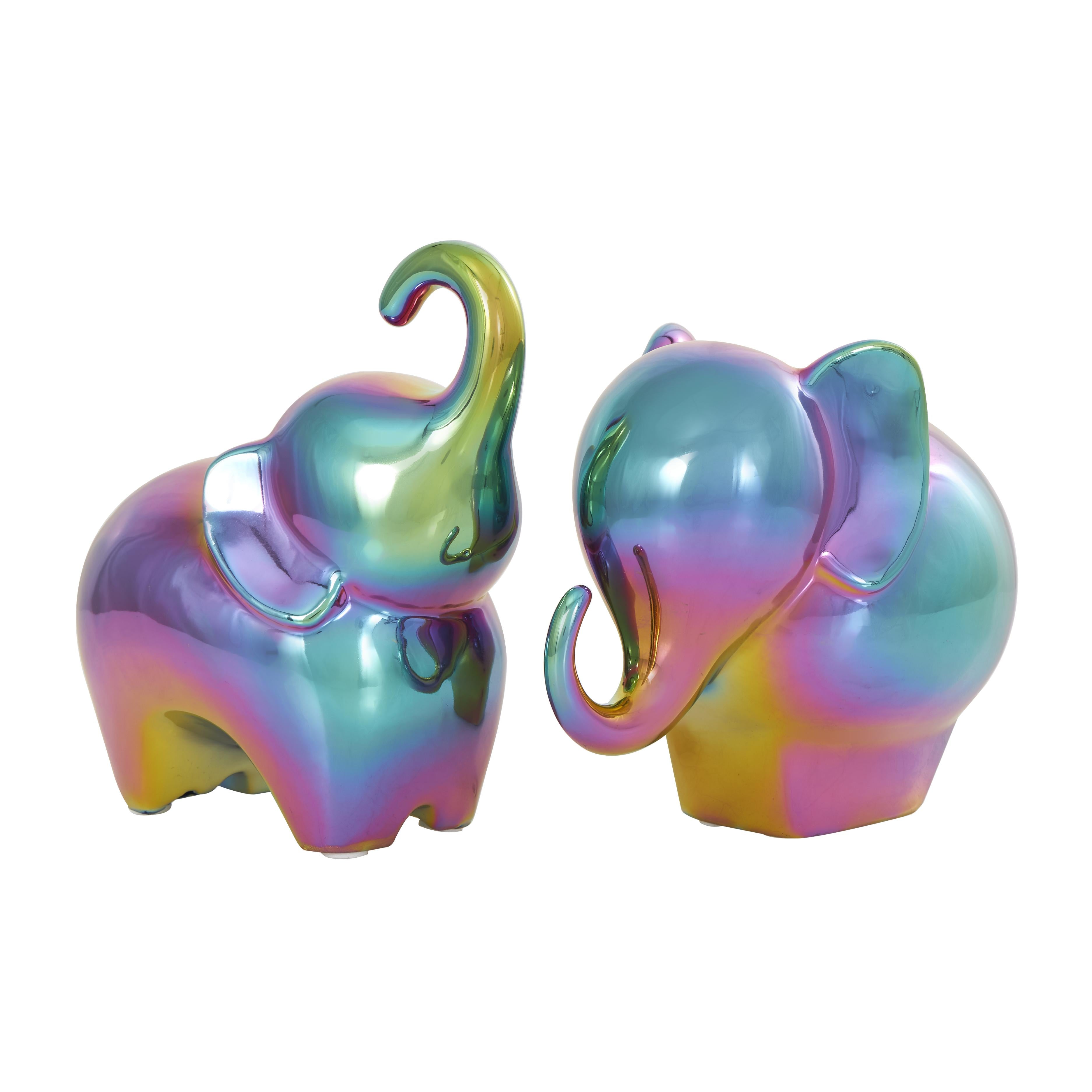 Set of 2 Elephant Ceramic Decorative Sculpture with Rainbow Shimmer Finish