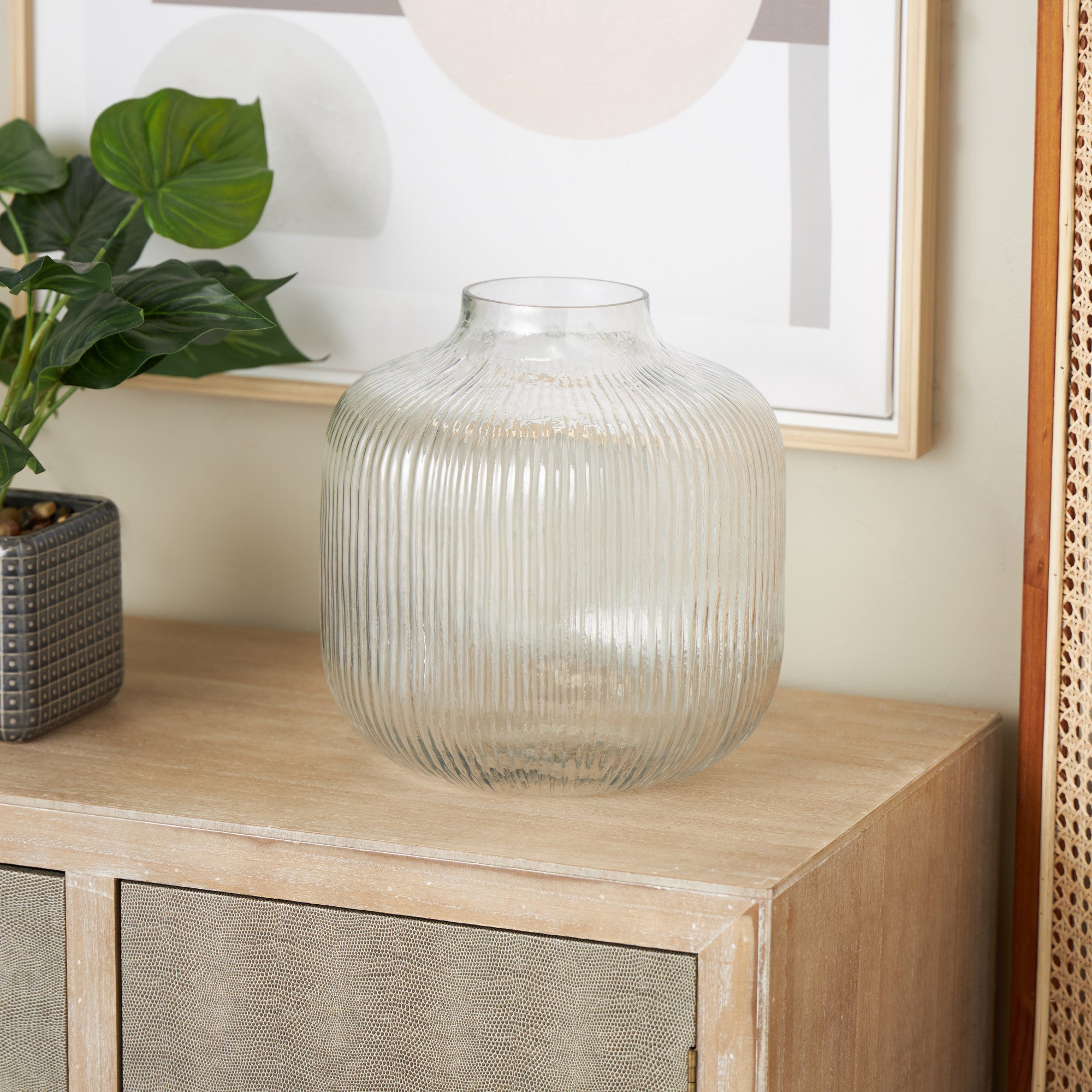 Clear Glass Short Round Ribbed Fluted Decorative Vase