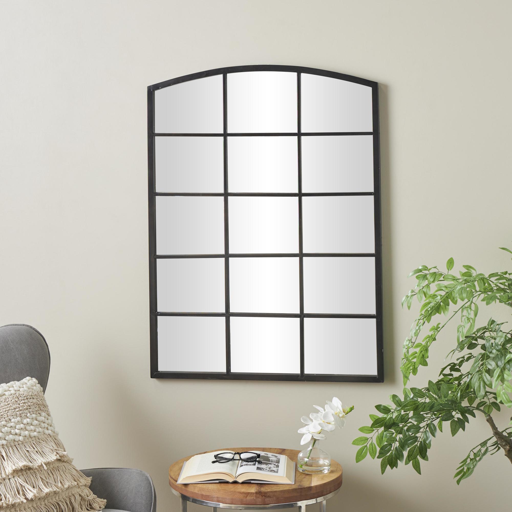 Metal Arched Window Pane Inspired Room Wall Mirror with Black Frame