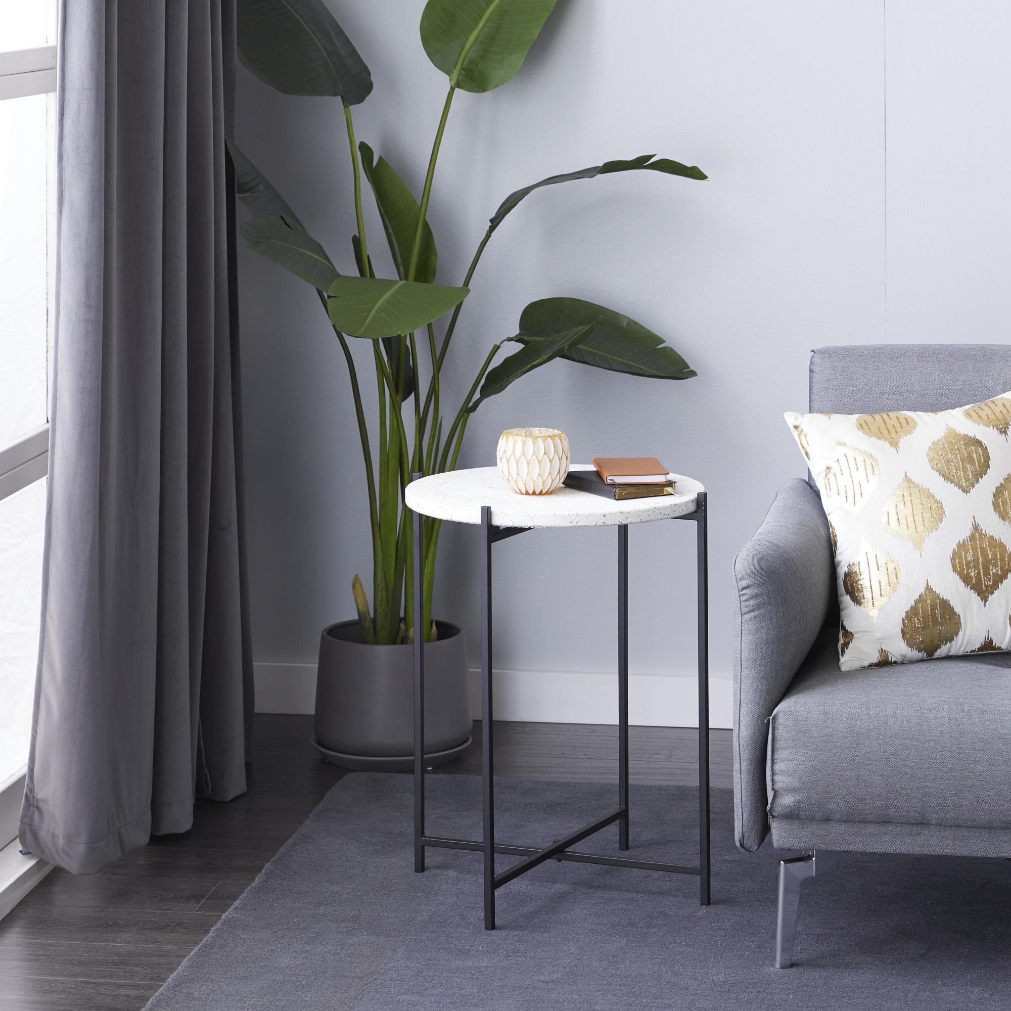 White Terrazzo Stone Side End Accent Table with Black Metal X-Stand
