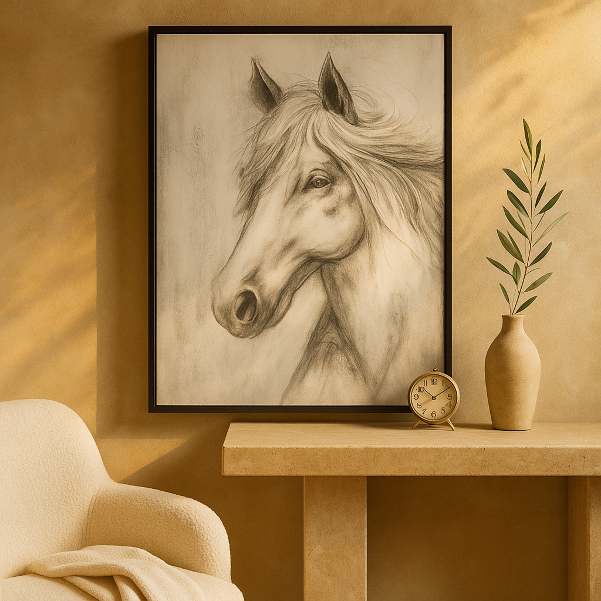 Horse Black Canvas Hand Drawn Inspired Shaded Living Room Framed Wall Art with White Background