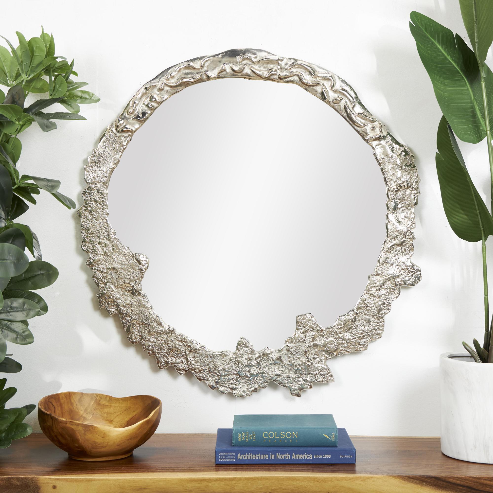 Abstract Silver Aluminum Metal Room Wall Mirror with Unfinished Texture