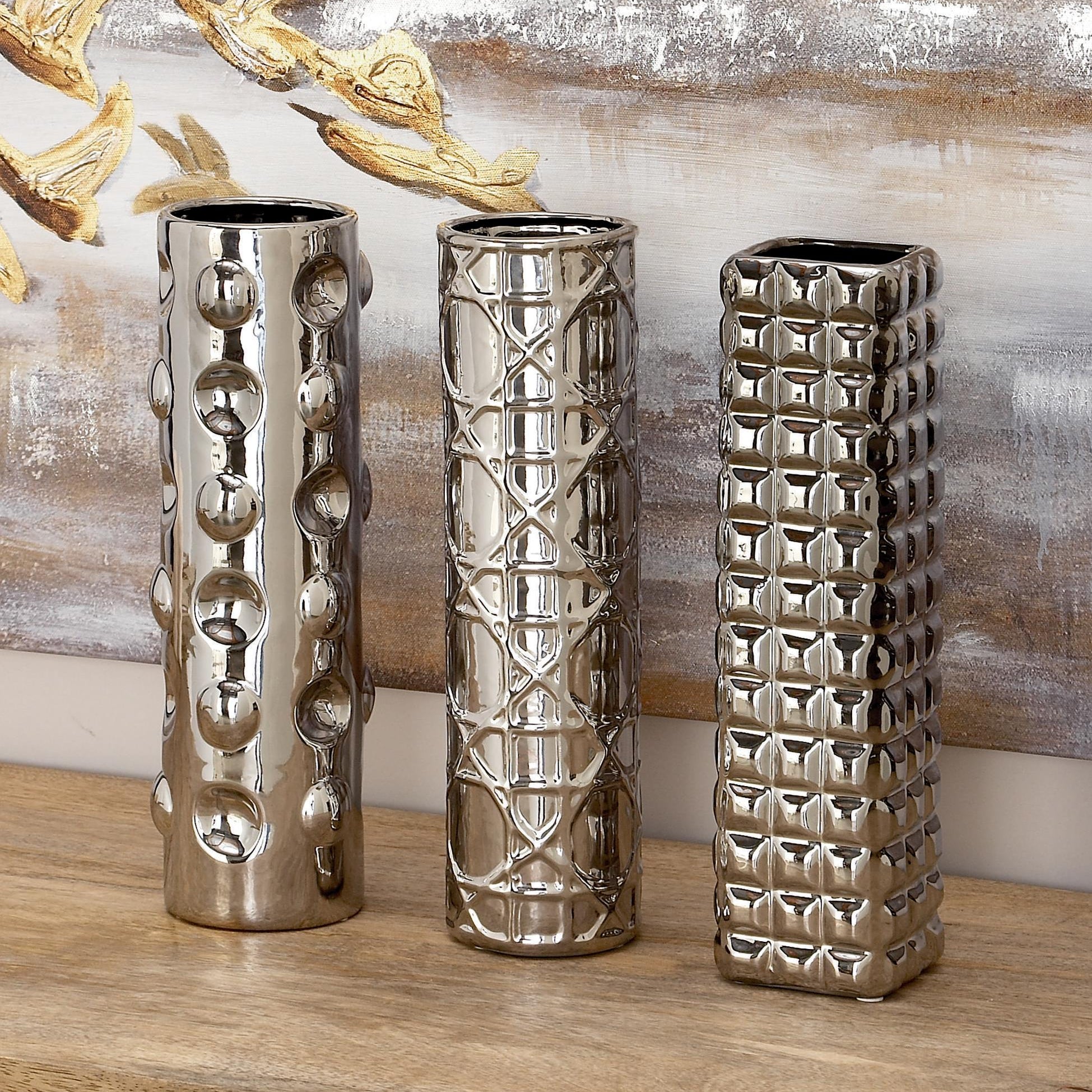 Set of 3 Geometric Silver Ceramic Decorative Vase with Varying Patterns