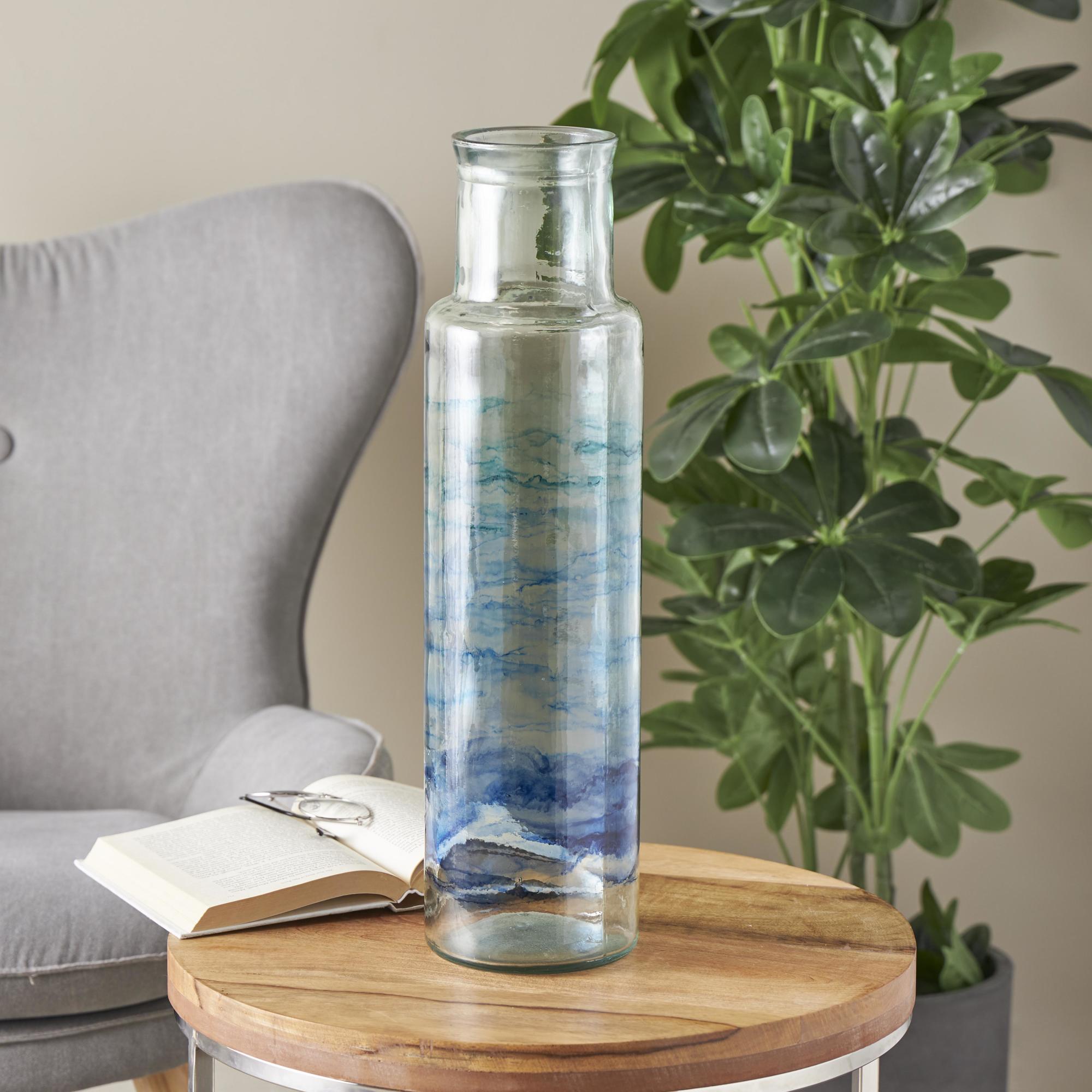 Recycled Glass Abstract Decorative Vase with Swirled Colored Glass Bands 6" x 6" x 22"