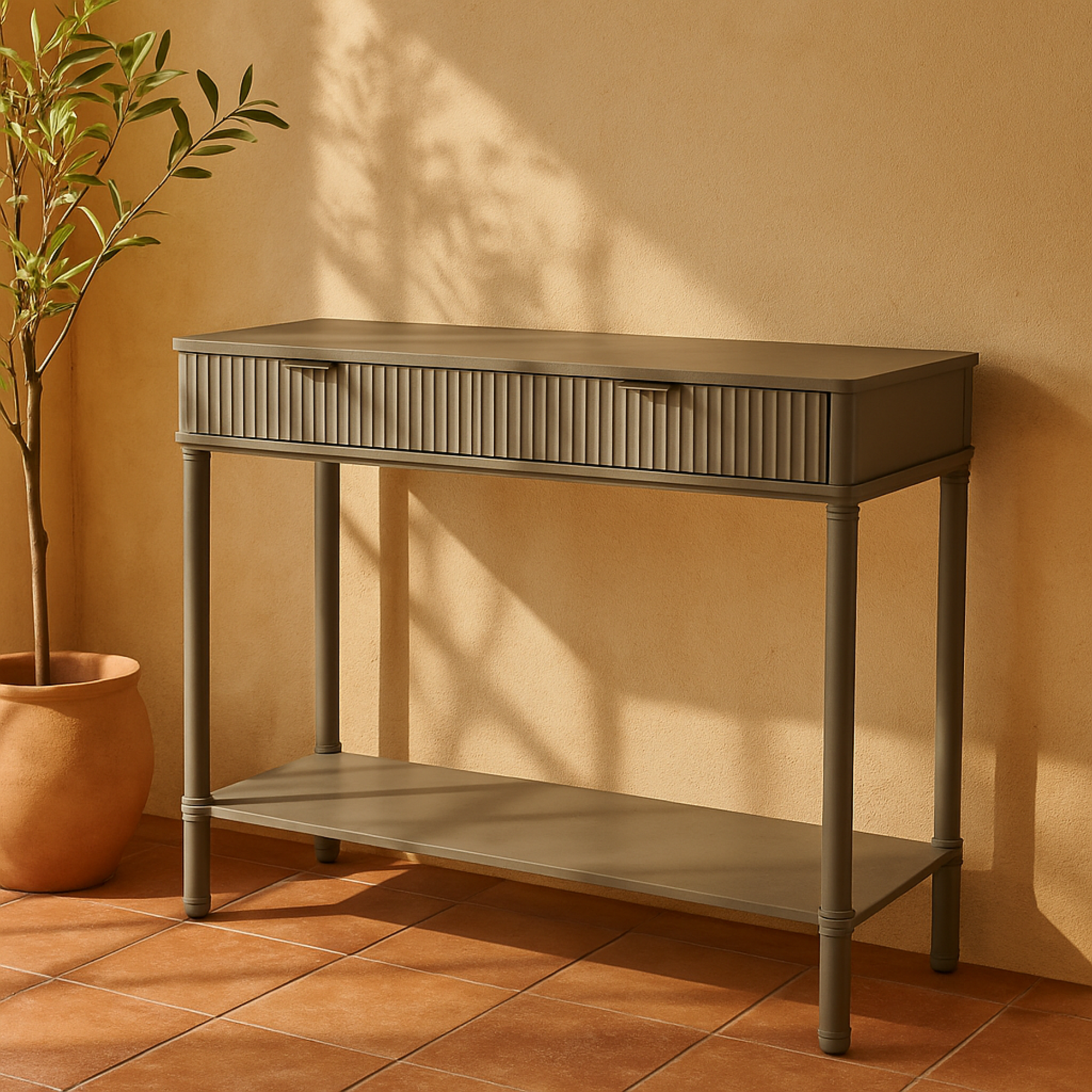 Gray Wood Handmade 2 Drawer Living Room Console Table with Black Handle and Ribbed Front
