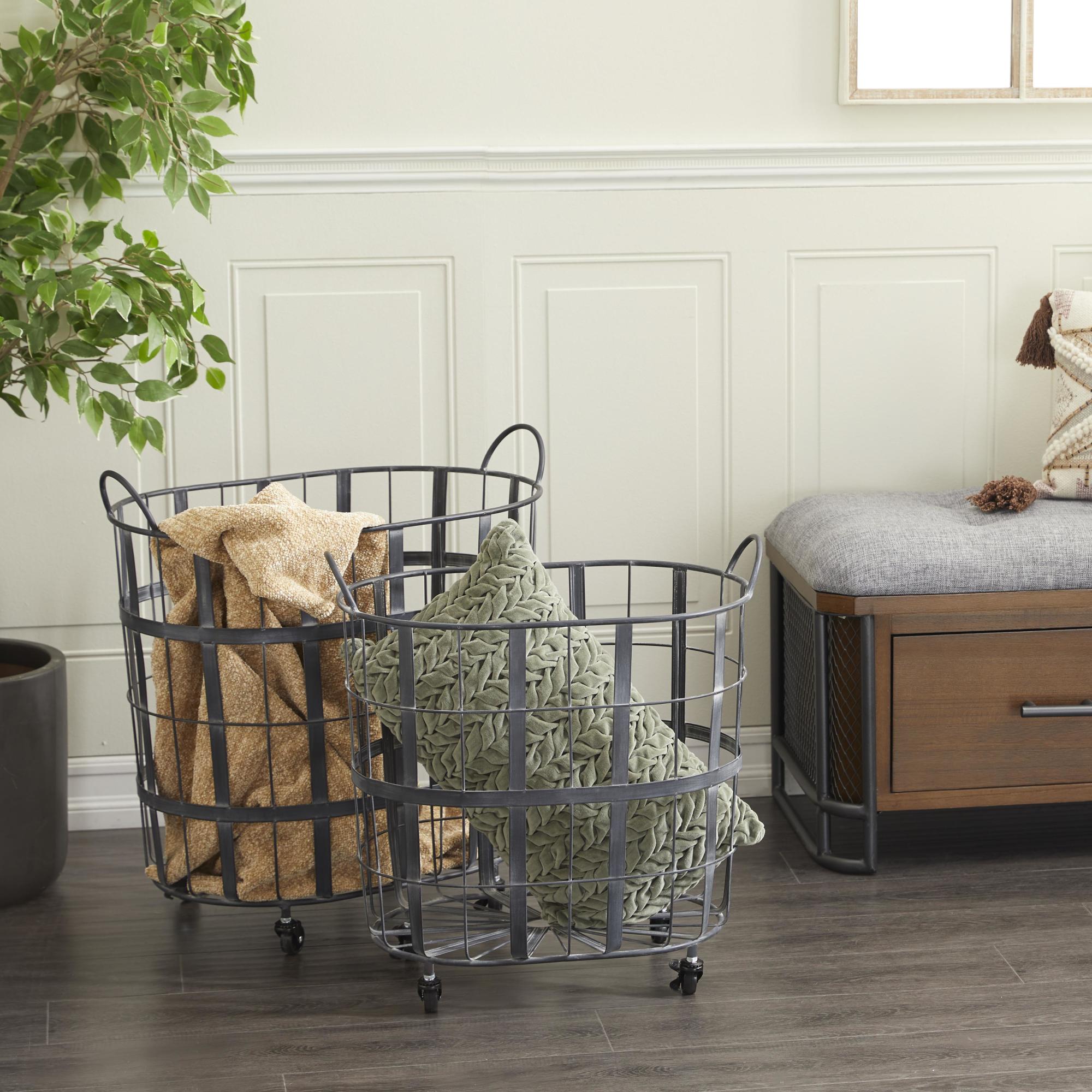 Set of 2 Black Metal Wire Grid Decorative and Functional Storage Basket with Wheels and Handles
