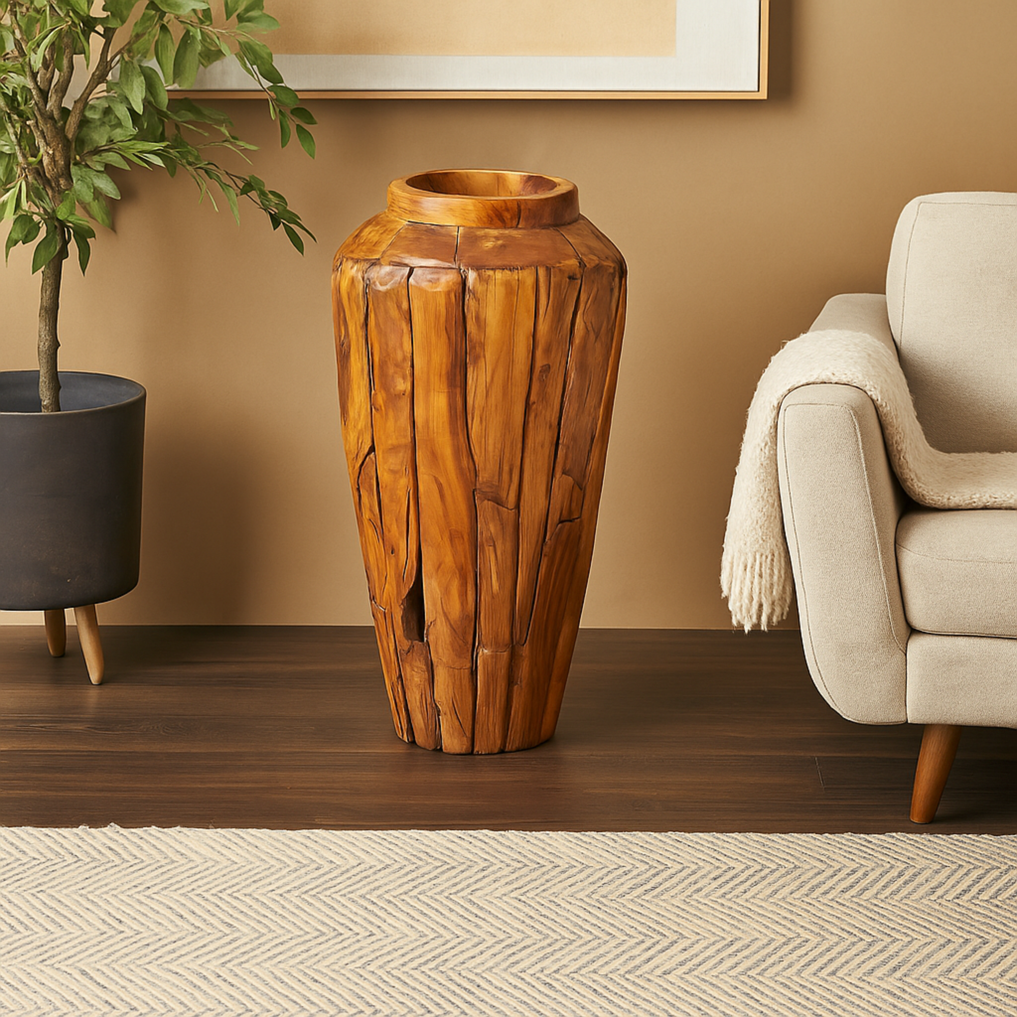 Brown Teak Wood Handmade Tall Floor Decorative Vase with Mosaic Live Edge Pieces
