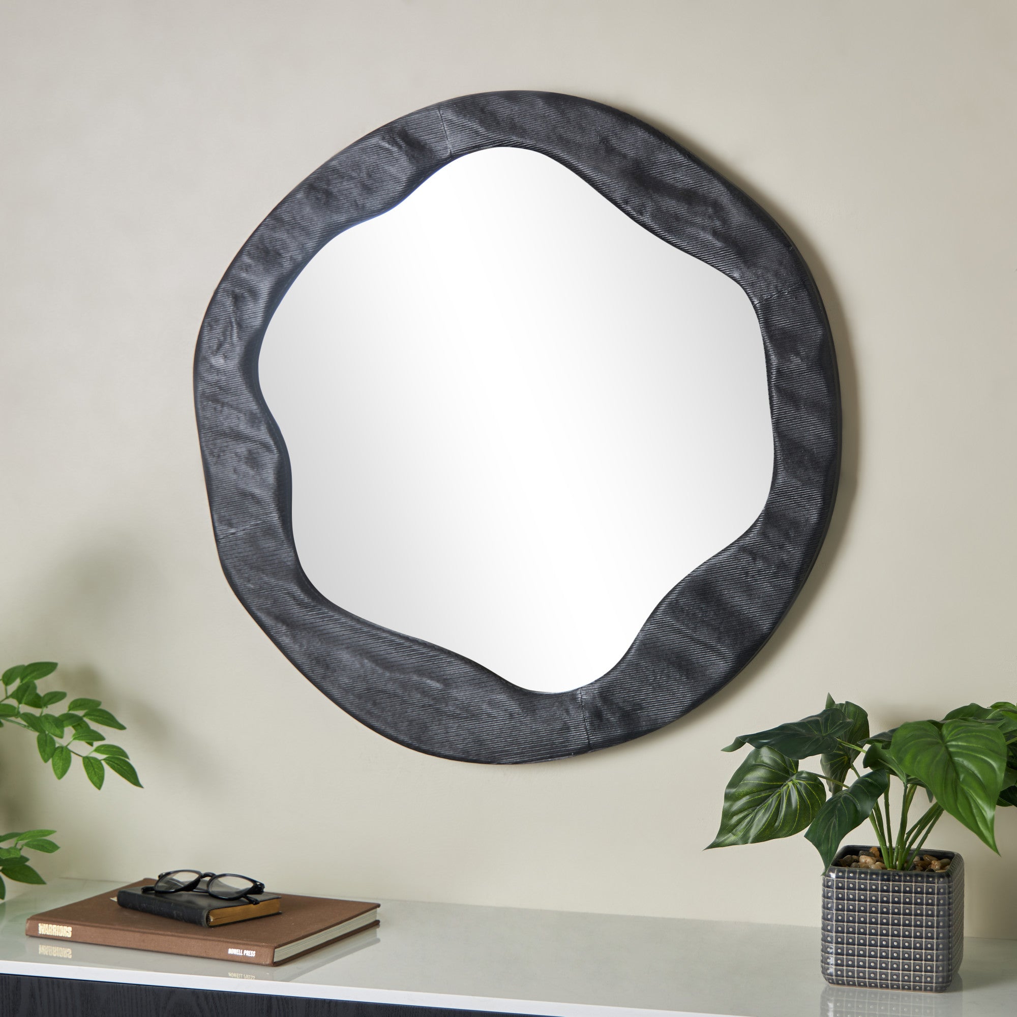 Abstract Black Velvet Wavy Room Wall Mirror