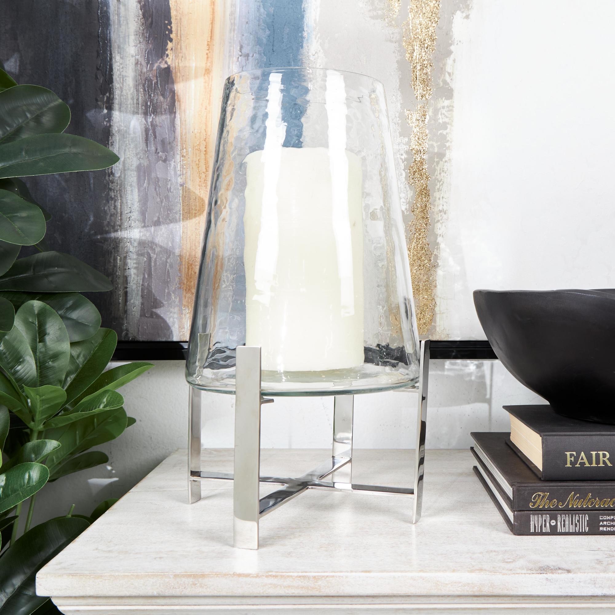 Clear Stainless Steel Metal Room Hurricane Lamp with Stainless Steel X Shaped Base