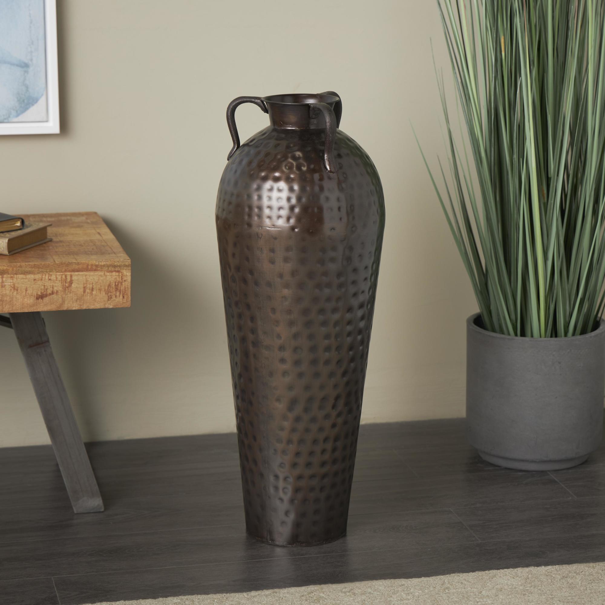 Brown Metal Tall Floor Mediterranean Style Decorative Vase with Hammered Details and Handles