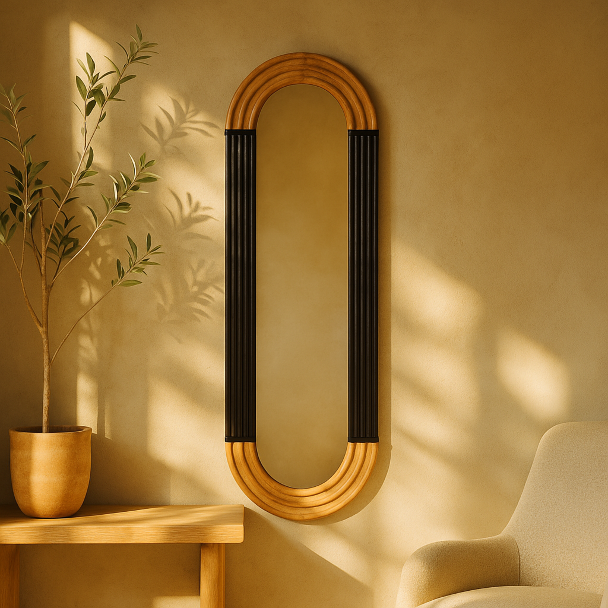 Wooden Ribbed Oval Room Wall Mirror with Brown Accents