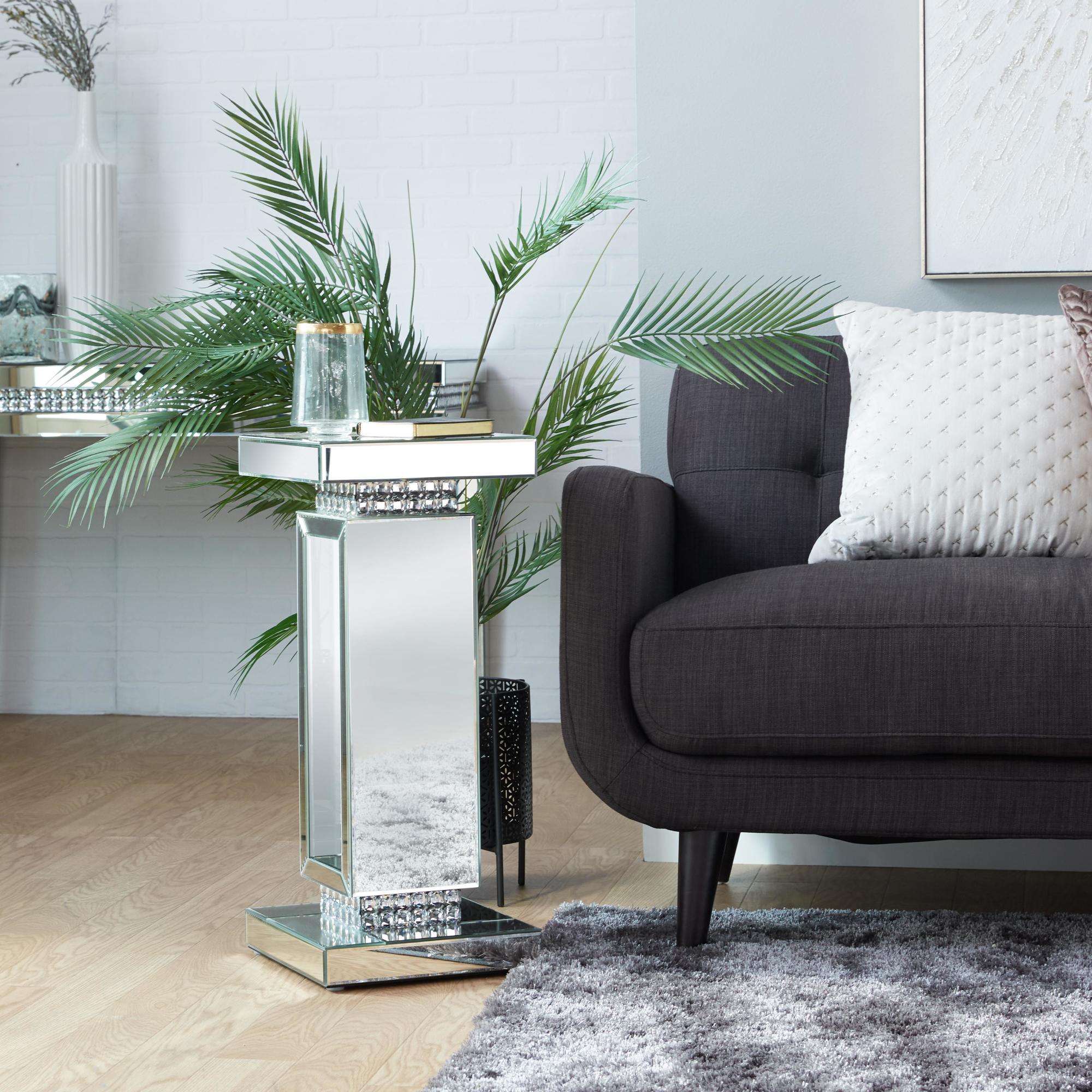 Silver Glass Mirrored Side End Pedestal Table