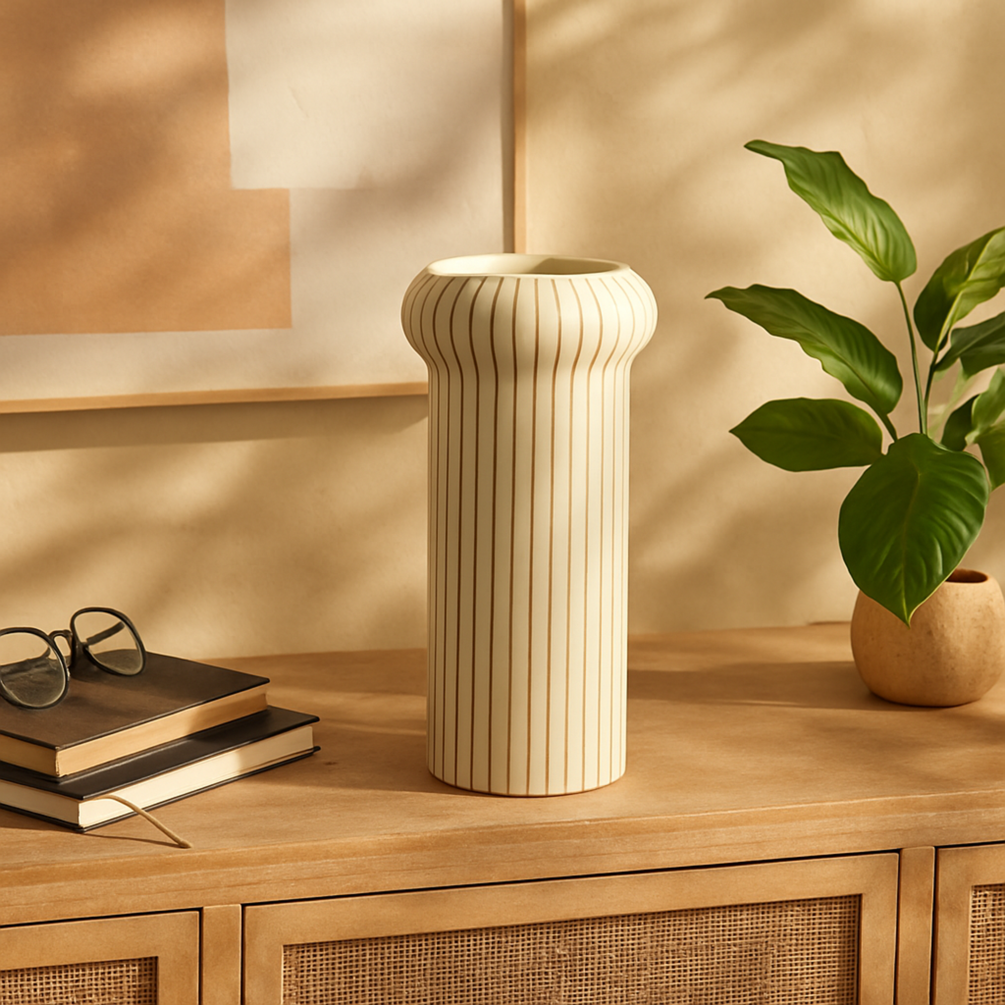 Abstract White Ceramic Round Decorative Vase with Green Linear Patterns