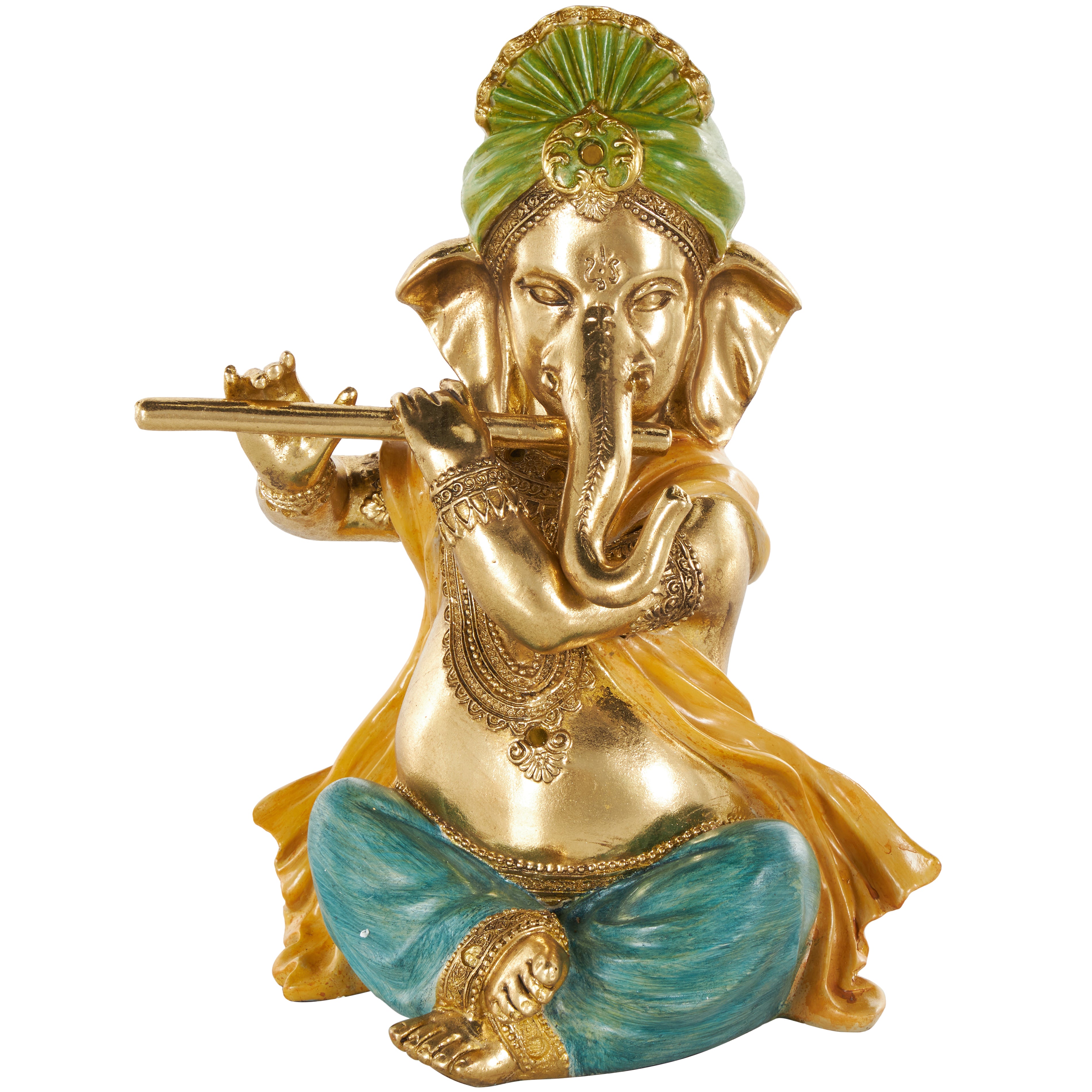 Ganesh Gold Resin Musician Decorative Sculpture with Green, Yellow, and Teal Accents