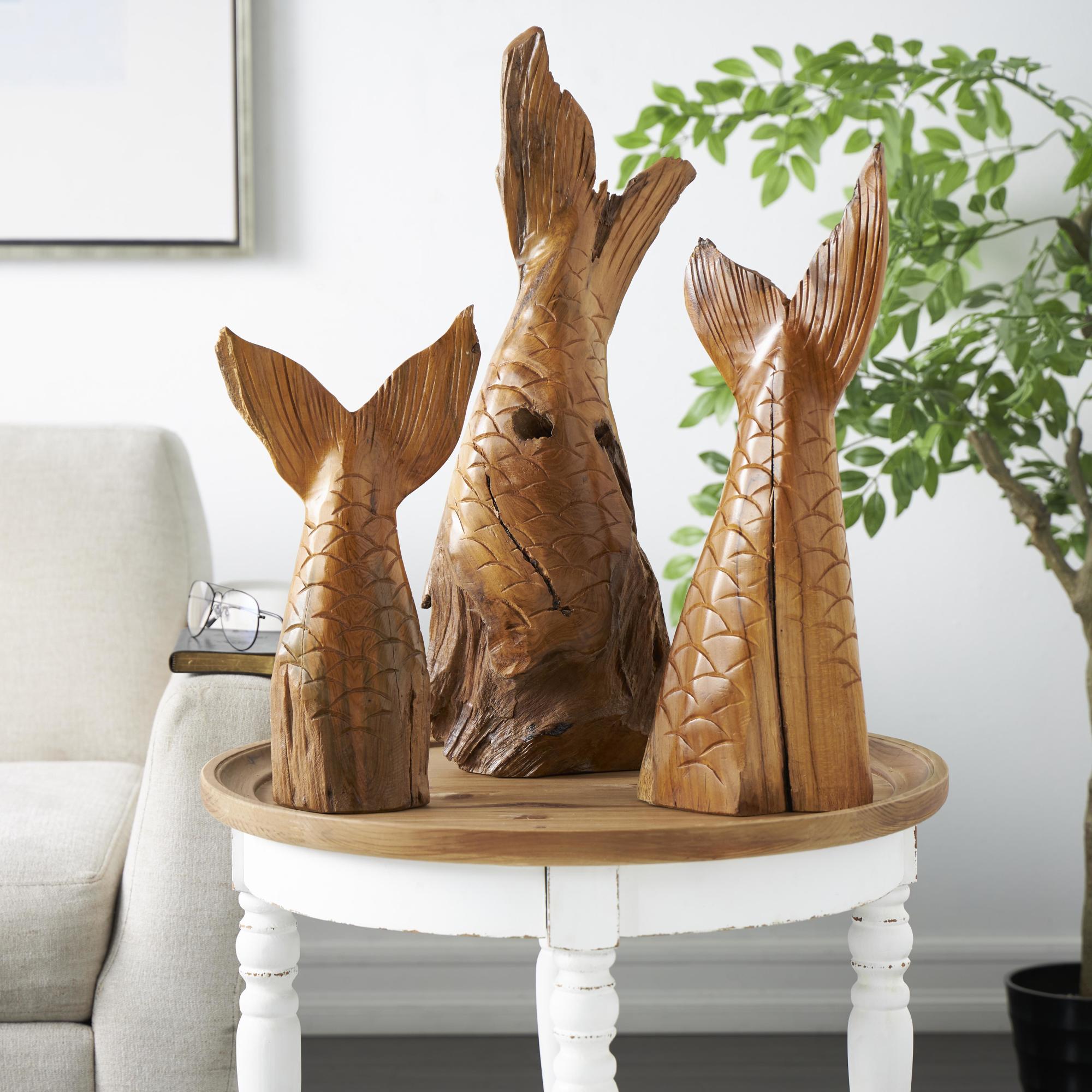Set of 3 Whale Brown Teak Wood Handmade Tail Live Edge Decorative Sculpture with Intricate Carvings