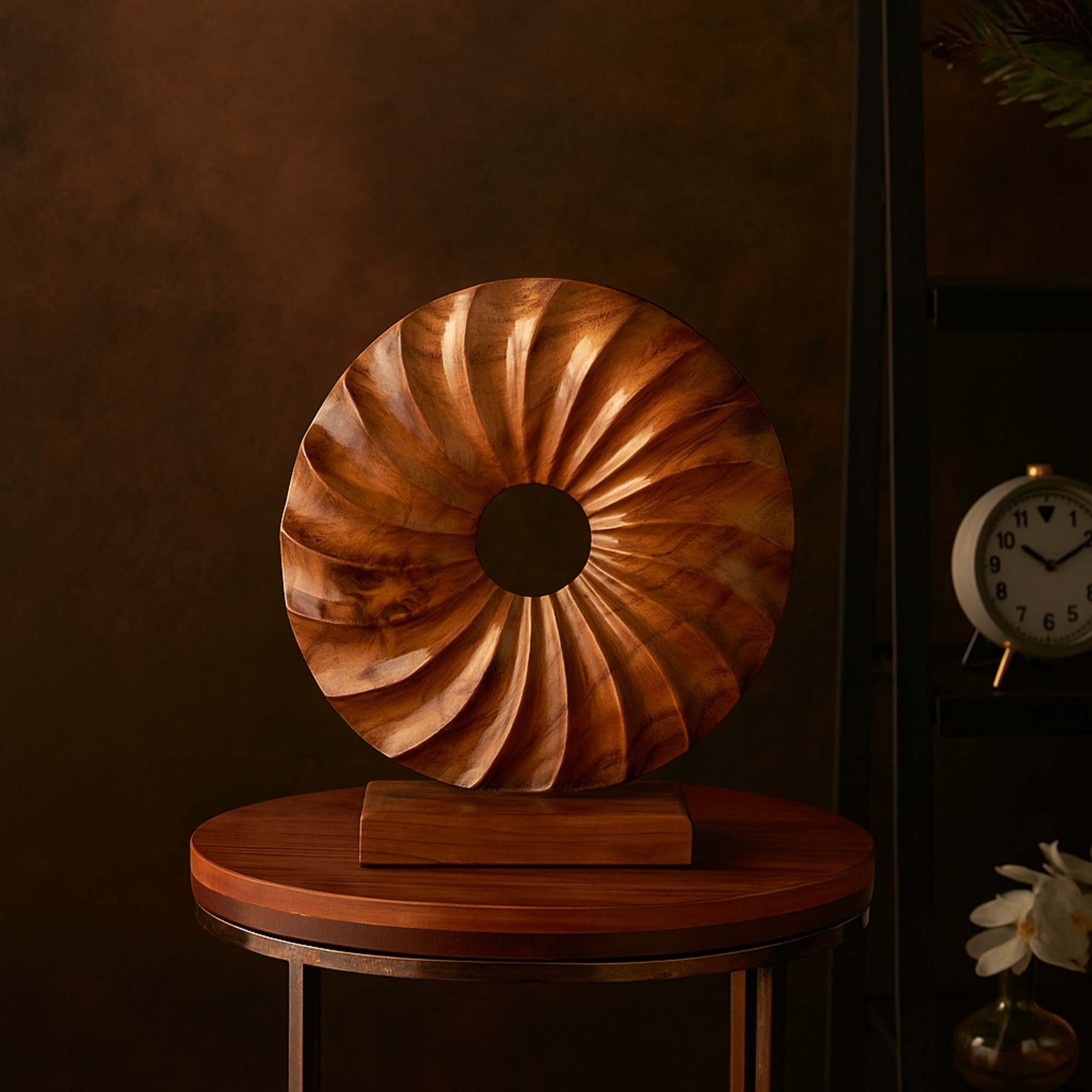 Sun Brown Teak Wood Handmade Dimensional Circular Decorative Sculpture with Center Cutout
