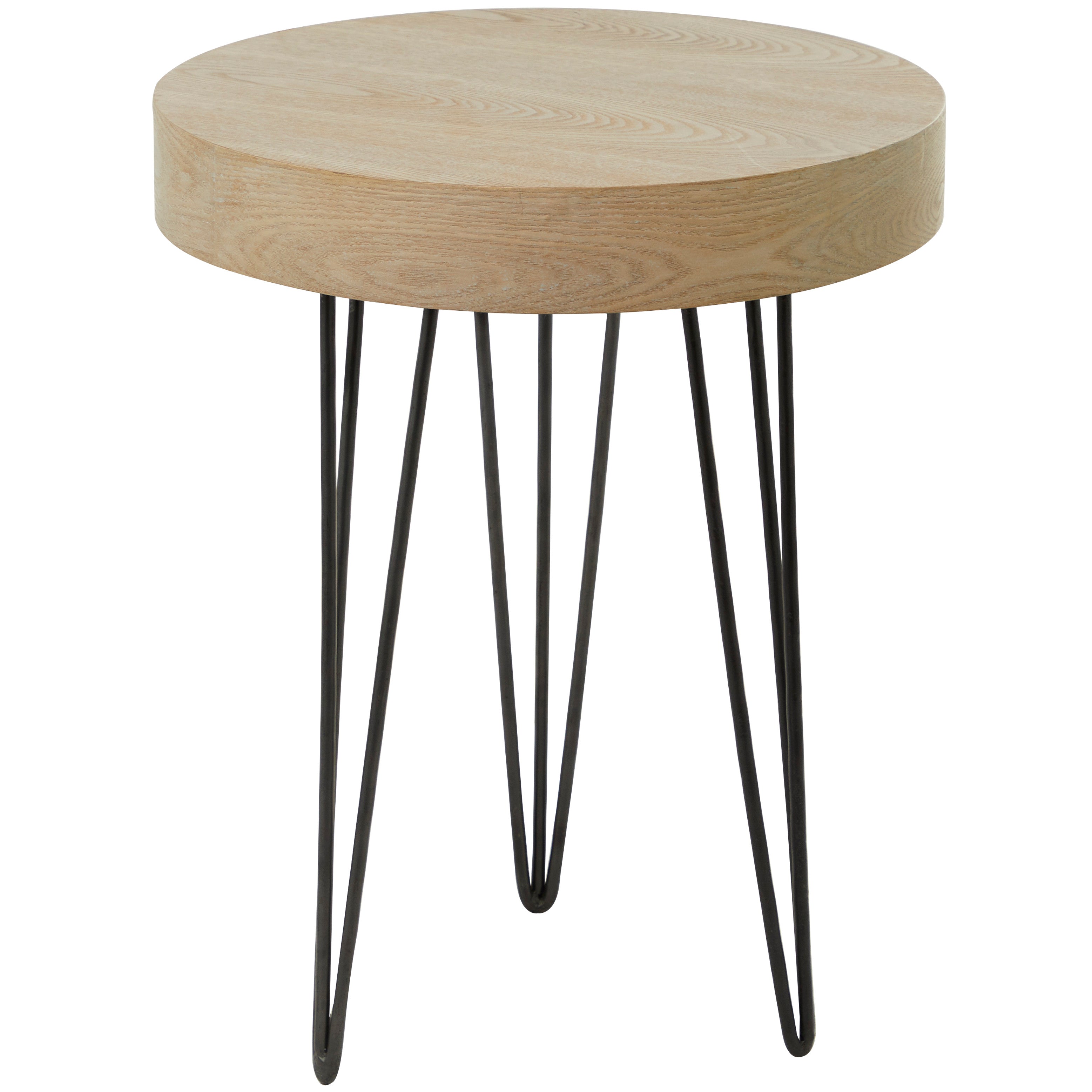 Brown Wooden Round Side End Accent Table with Black Metal Hairpin Legs