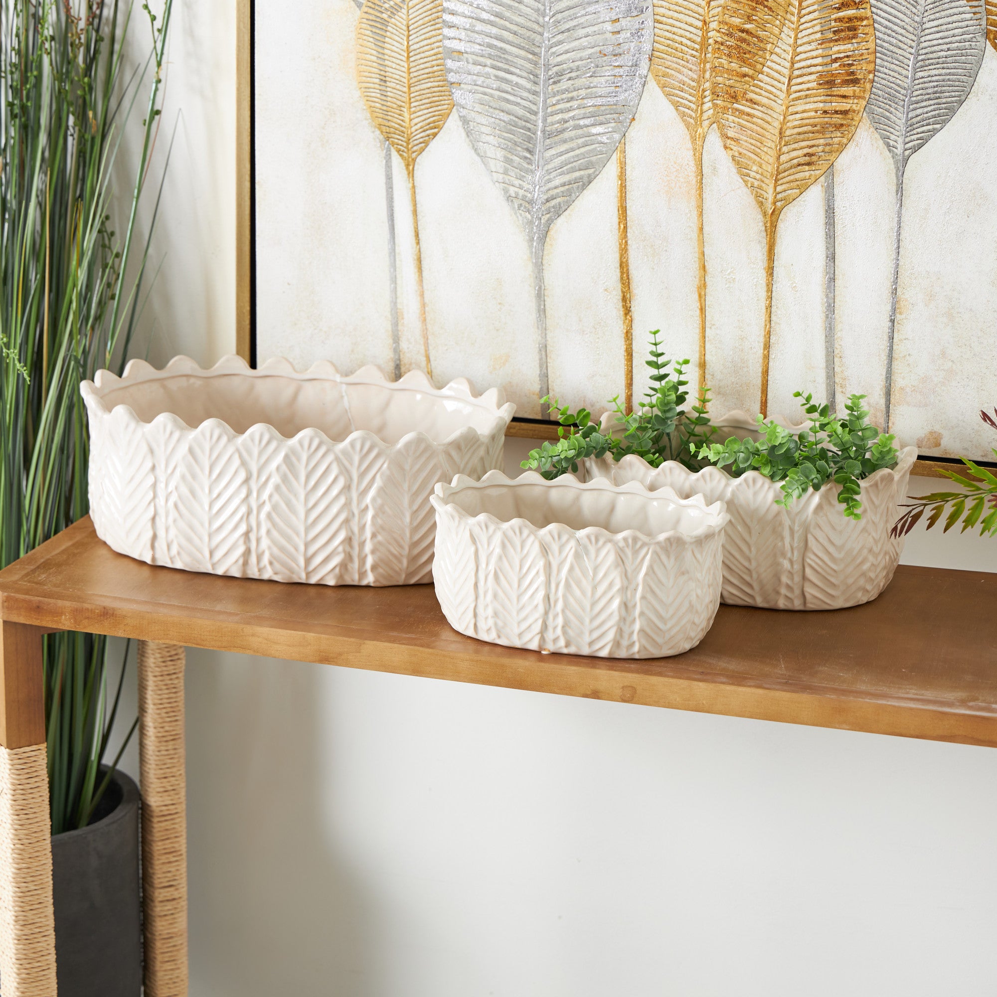 Set of 3 Leaf White Ceramic Indoor Outdoor Planter