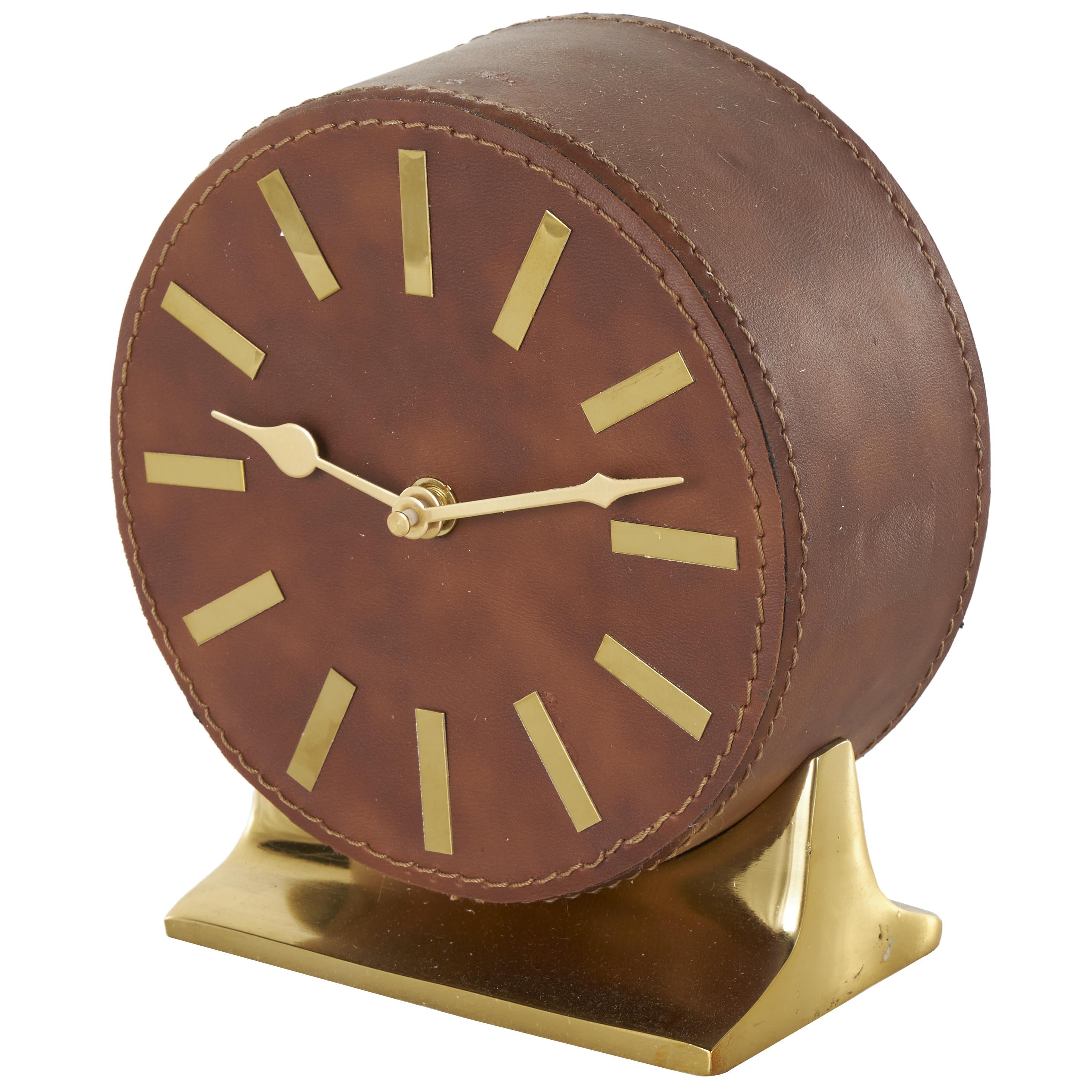 Faux Leather Round Decorative Clock with Gold Rectangular Base