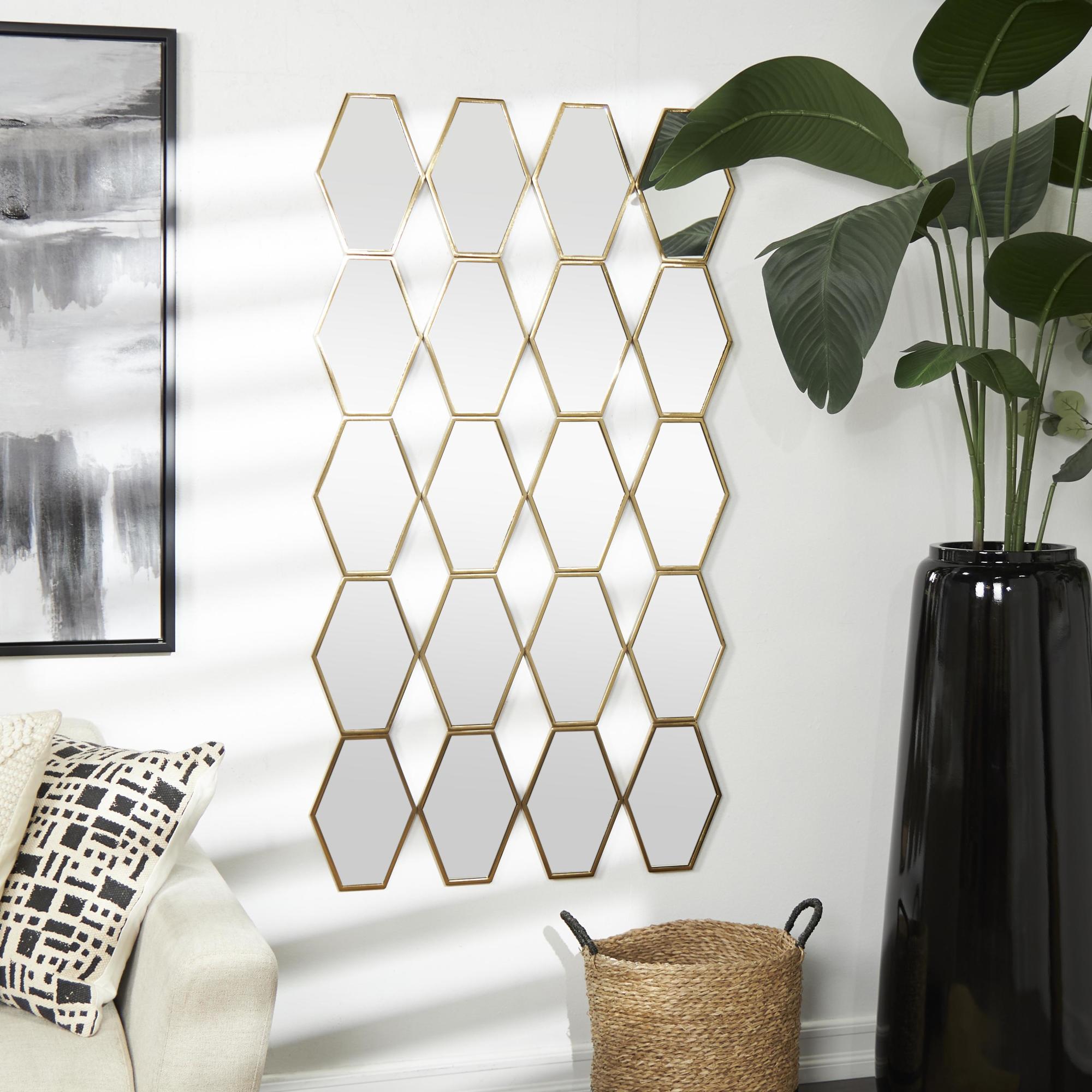 Geometric Gold Metal Room Wall Mirror with Diamond and Hexagon Shaped Mirrors