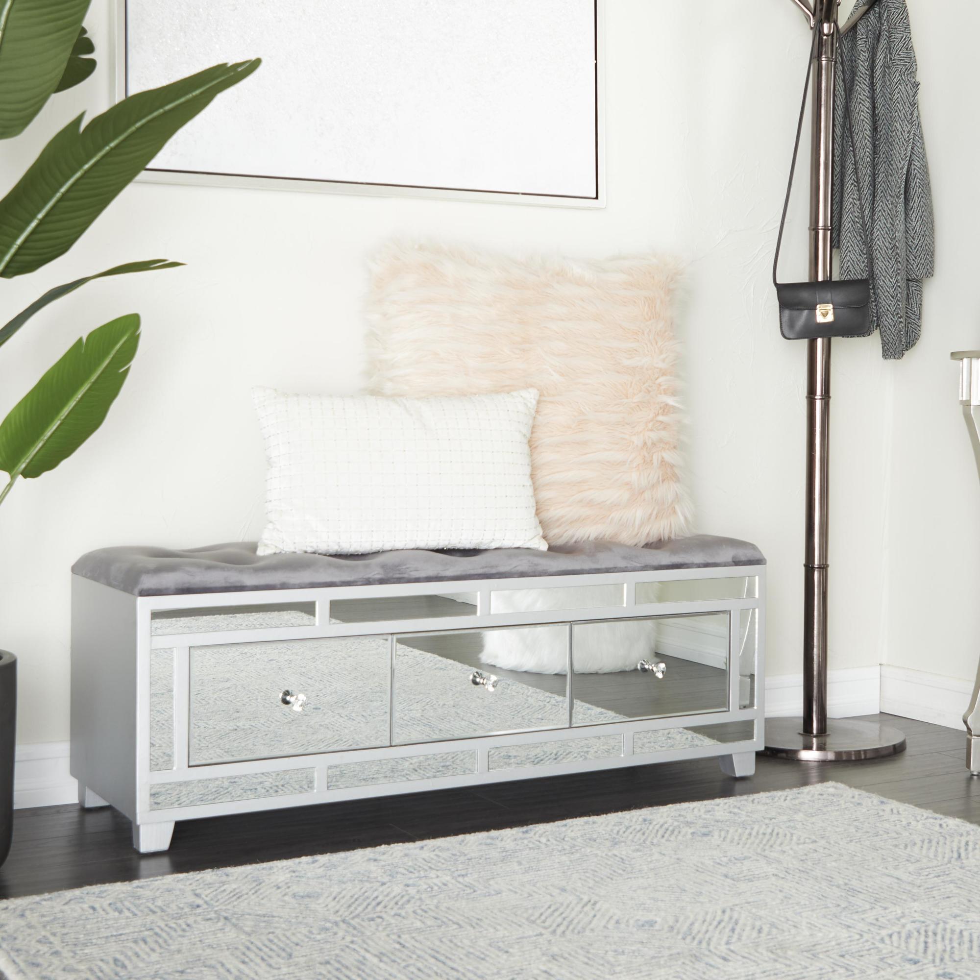 Gray Wood Mirrored 3 Drawer Home Bench with Upholstered Seat