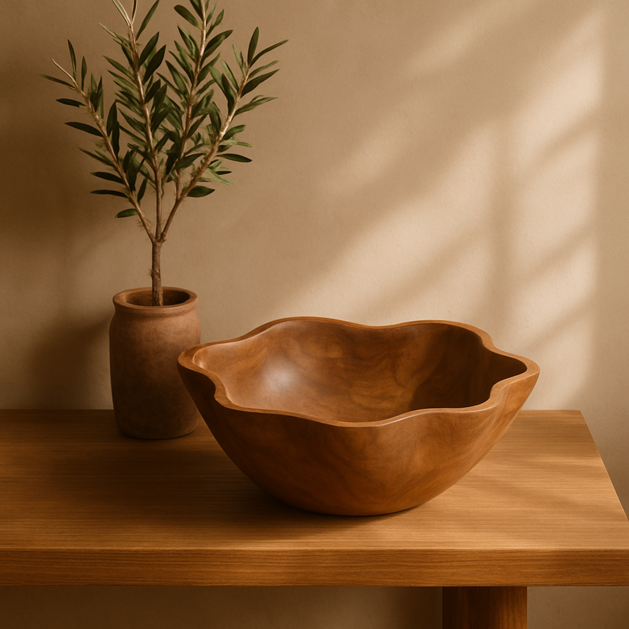Brown Teak Wood Handmade Live Edge Free Form Large Decorative Bowl