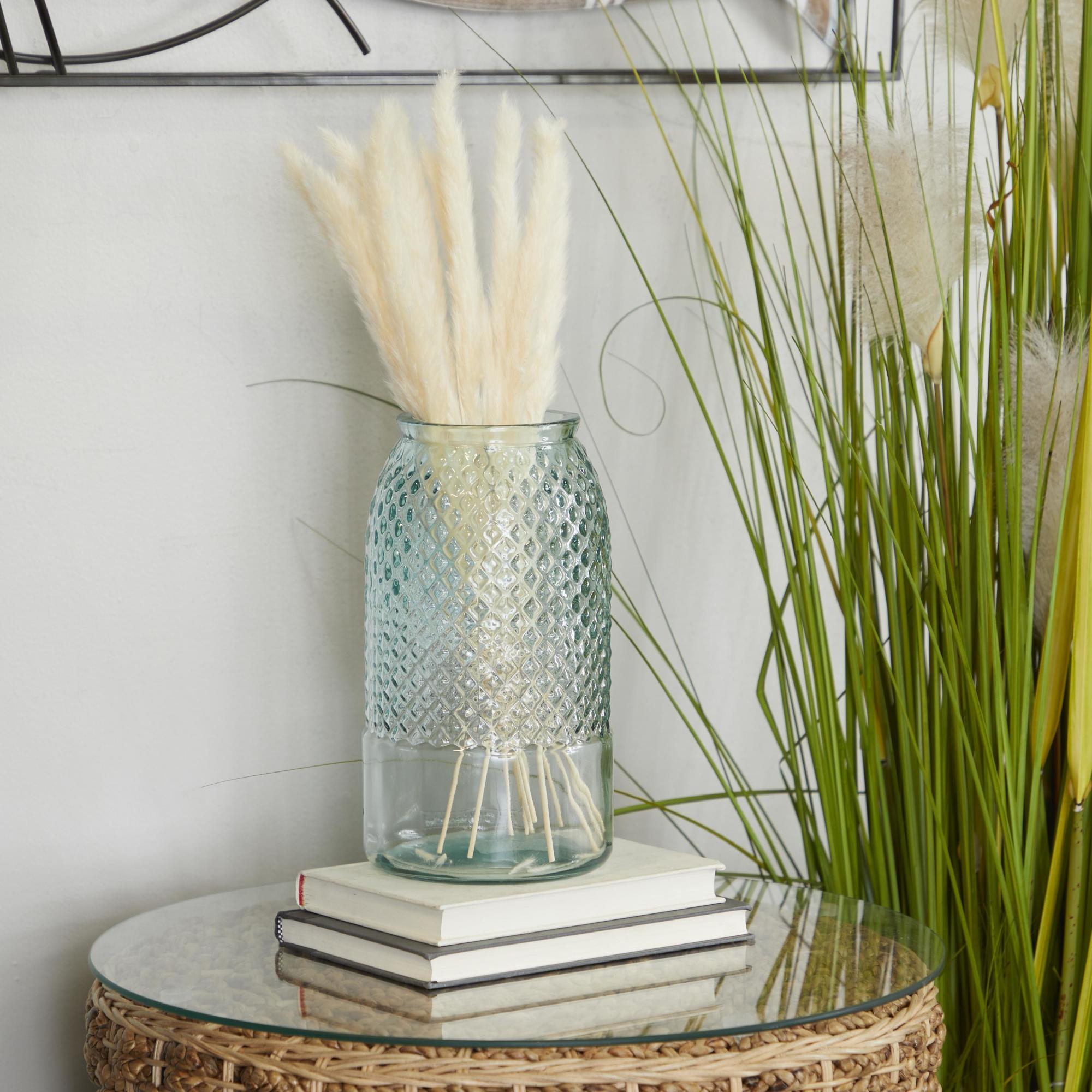 Teal Recycled Glass Handmade Slim Spanish Decorative Vase with Textured Diamond Pattern