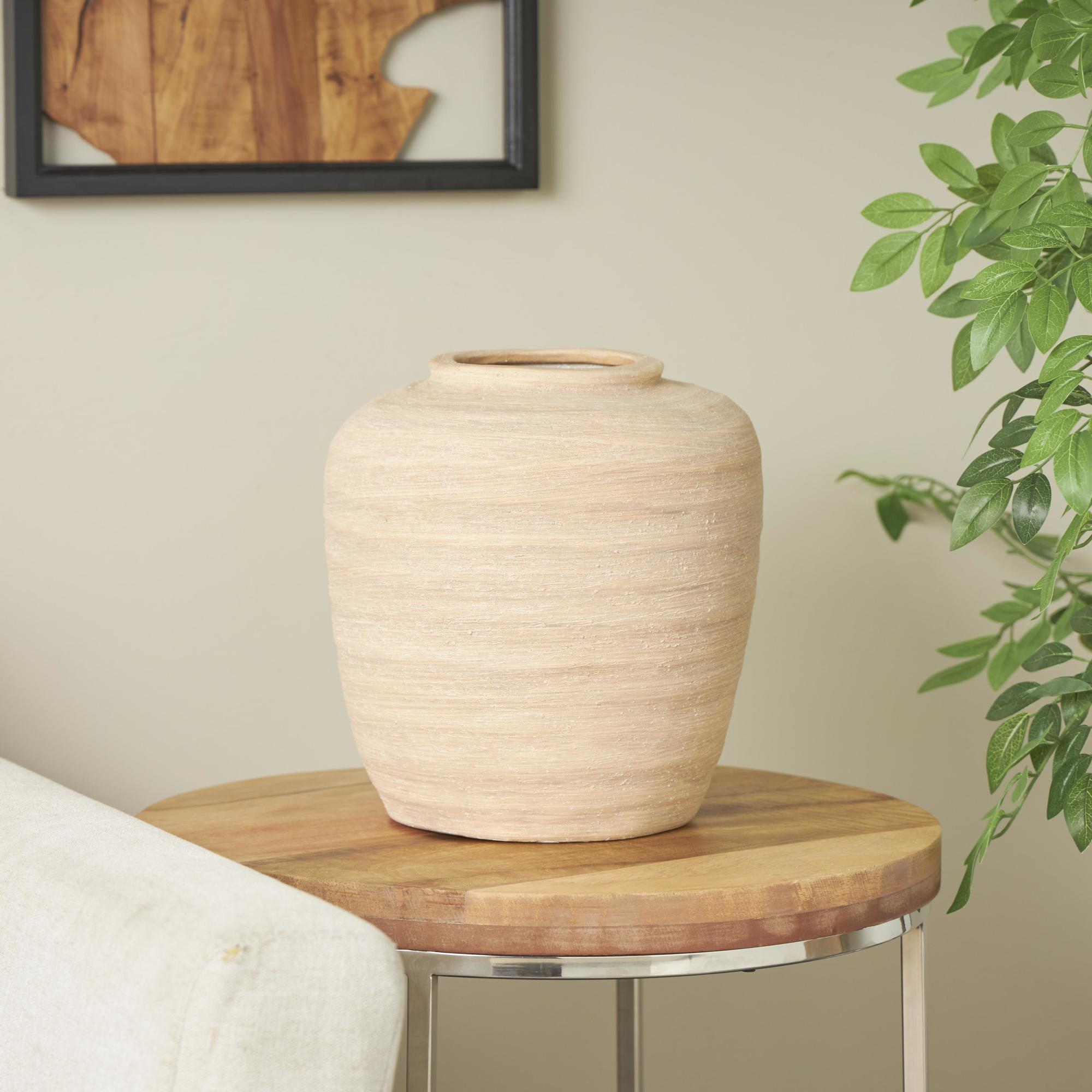 Beige Ceramic Wide Textured Decorative Vase