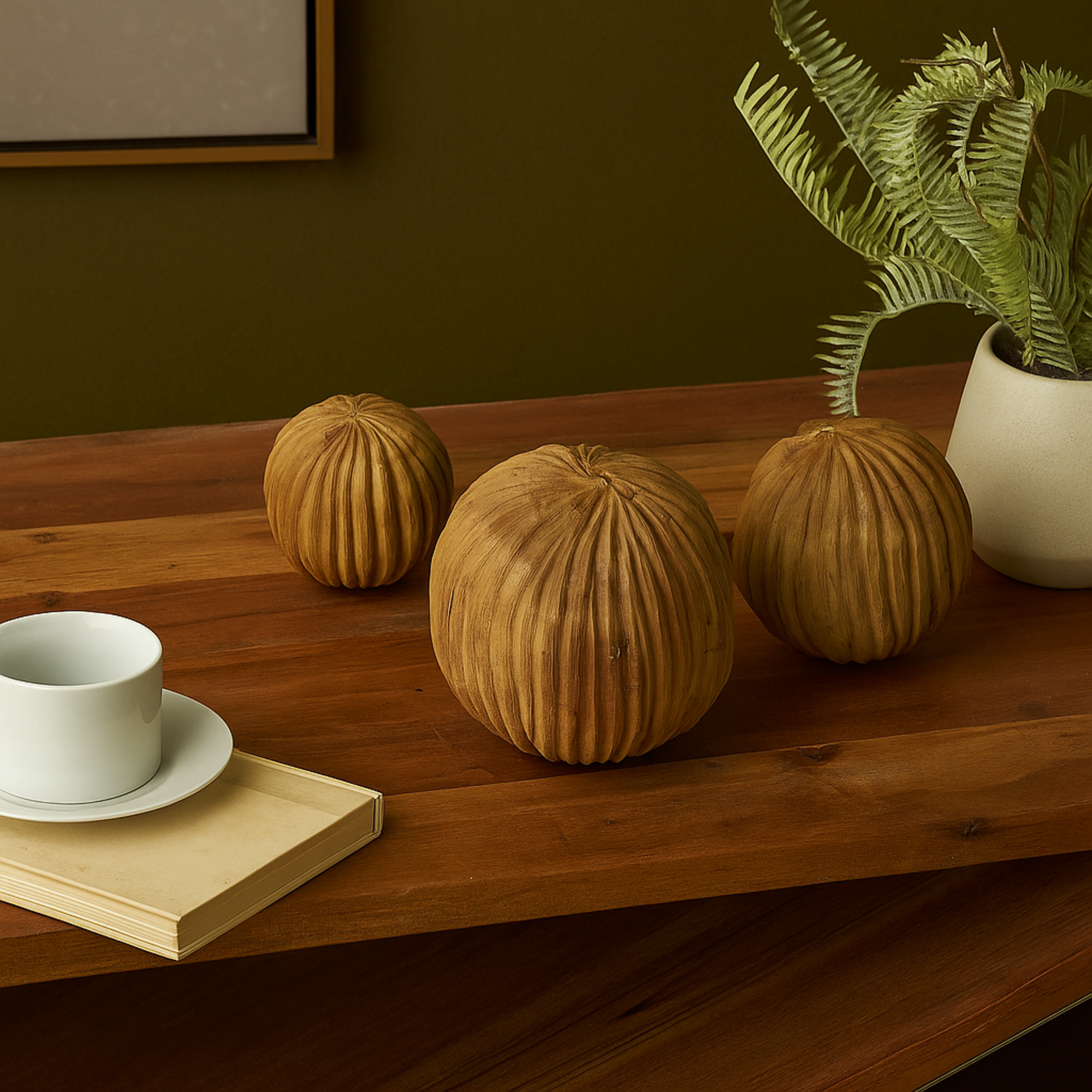 Set of 3 Teak Wood Handmade Carved Textured Decorative Orbs & Vase Filler with Wavy Ridges