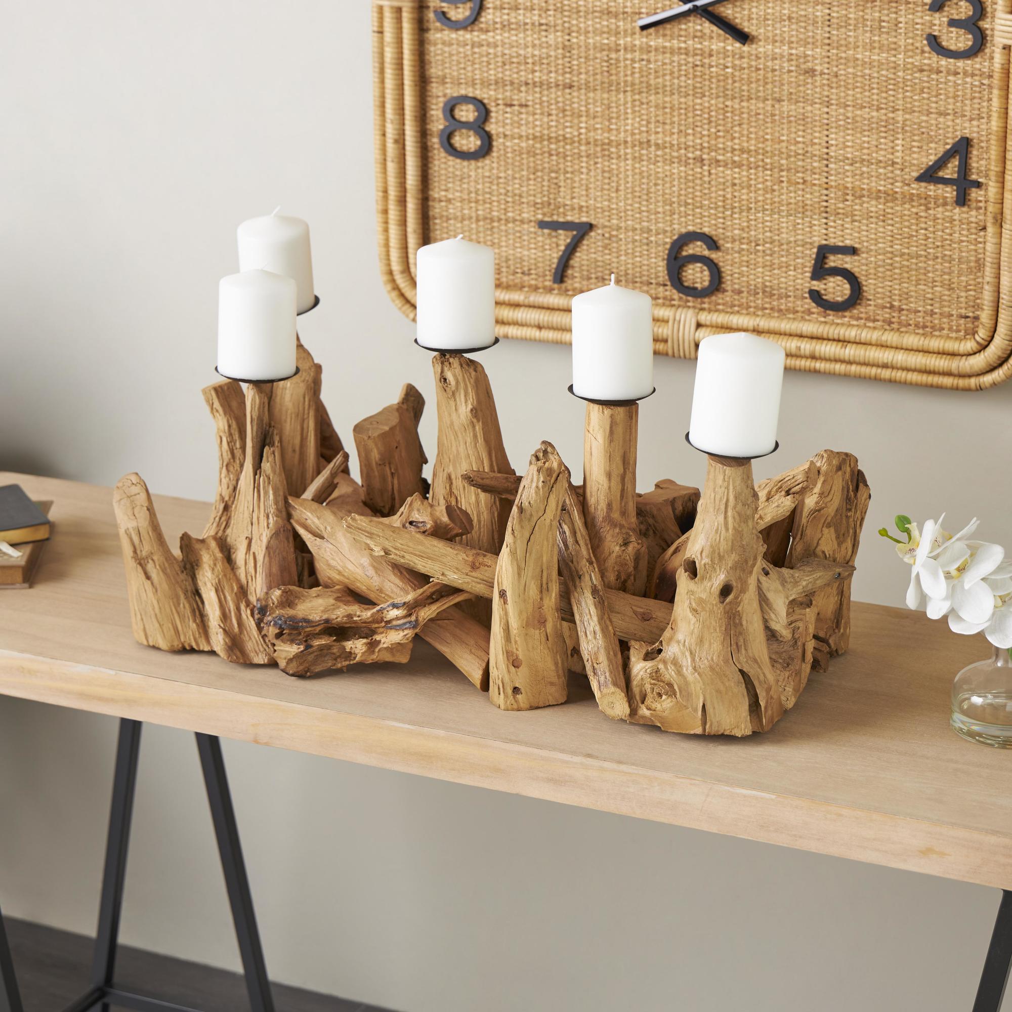 Brown Teak Wood Handmade Live Edge Decorative Candelabra
