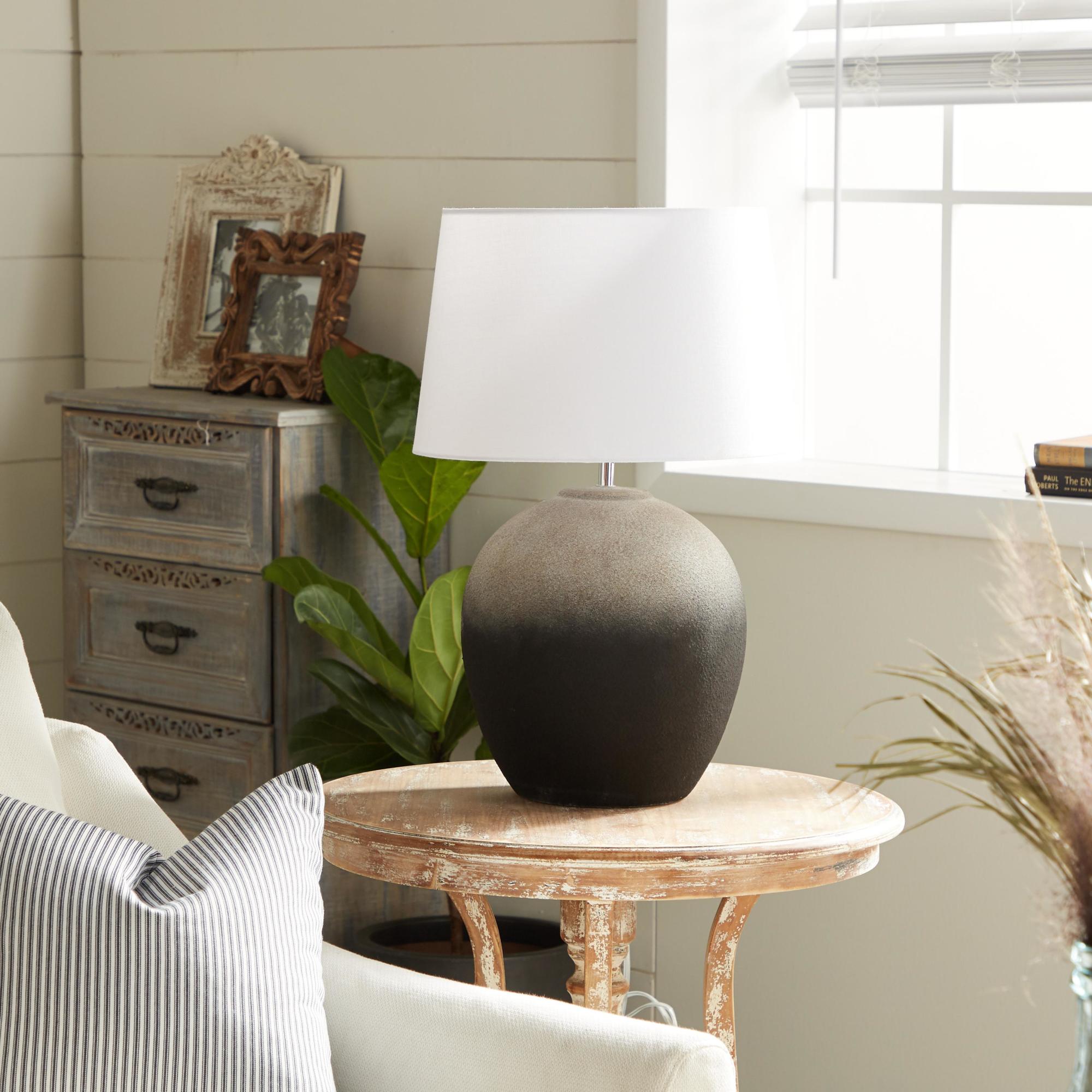 Black Ceramic Wide Rounded Textured Ombre Room Table Lamp with White Linen Shade