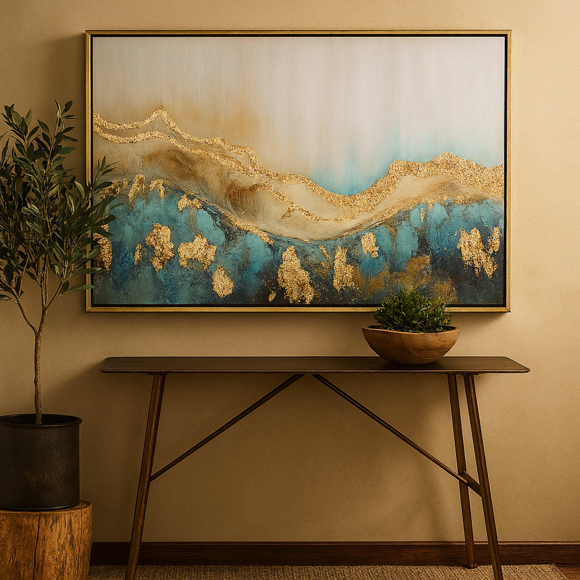 Abstract Blue Canvas Wave Living Room Framed Wall Art with Gold Foil Accents