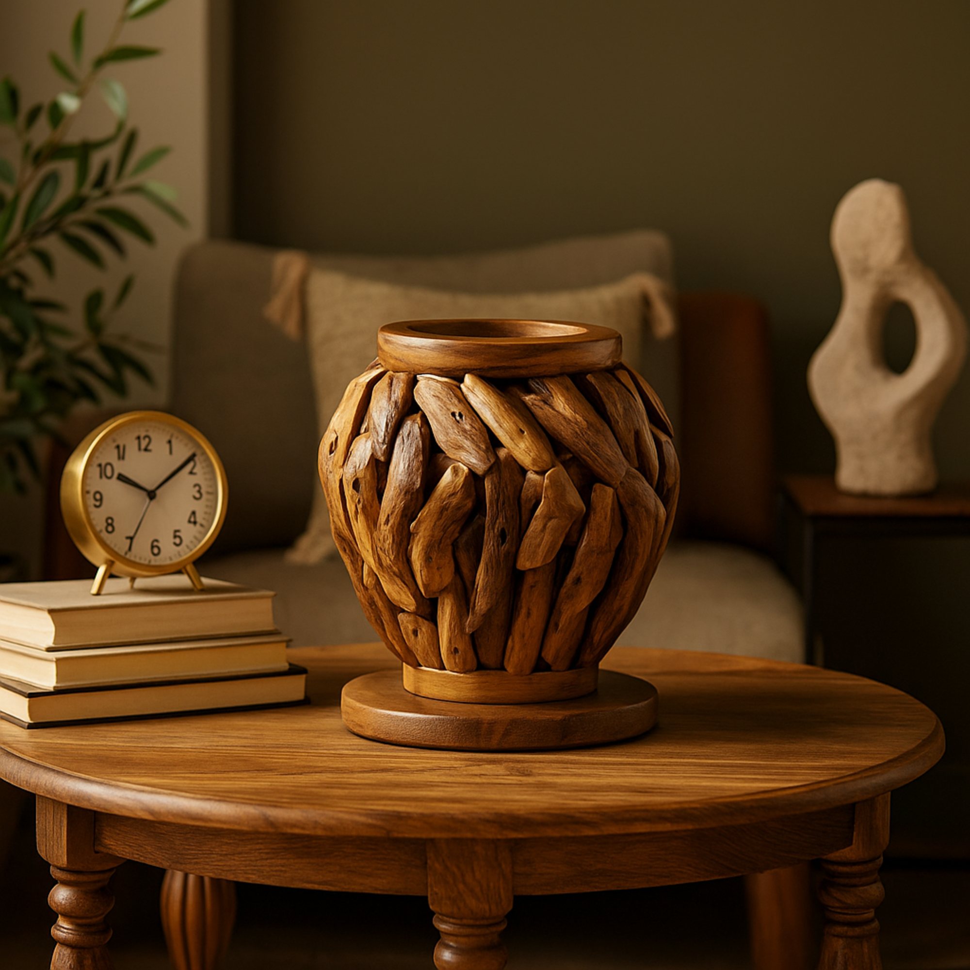 Brown Teak Wood Handmade Live Edge Tree Branch Pot Decorative Vase