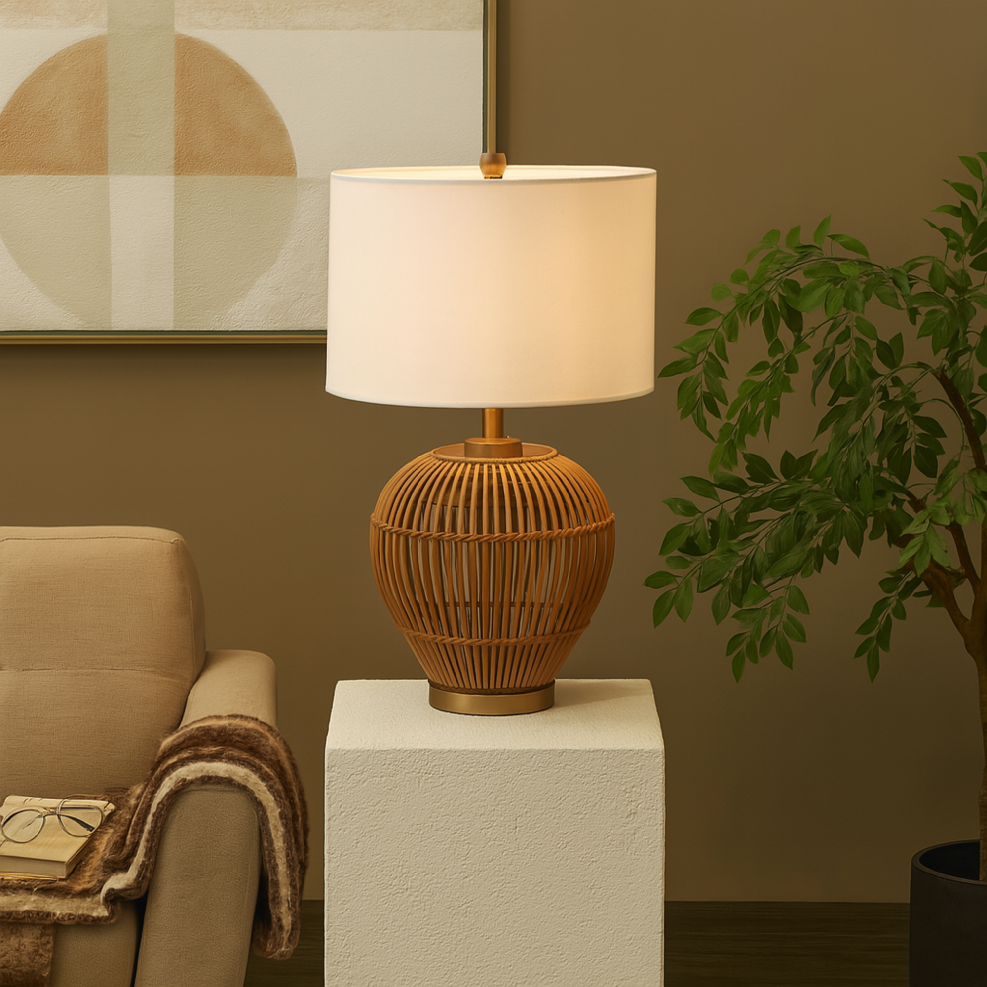 Brown Rattan Handmade Woven Open Frame Room Table Lamp with Gold Accents