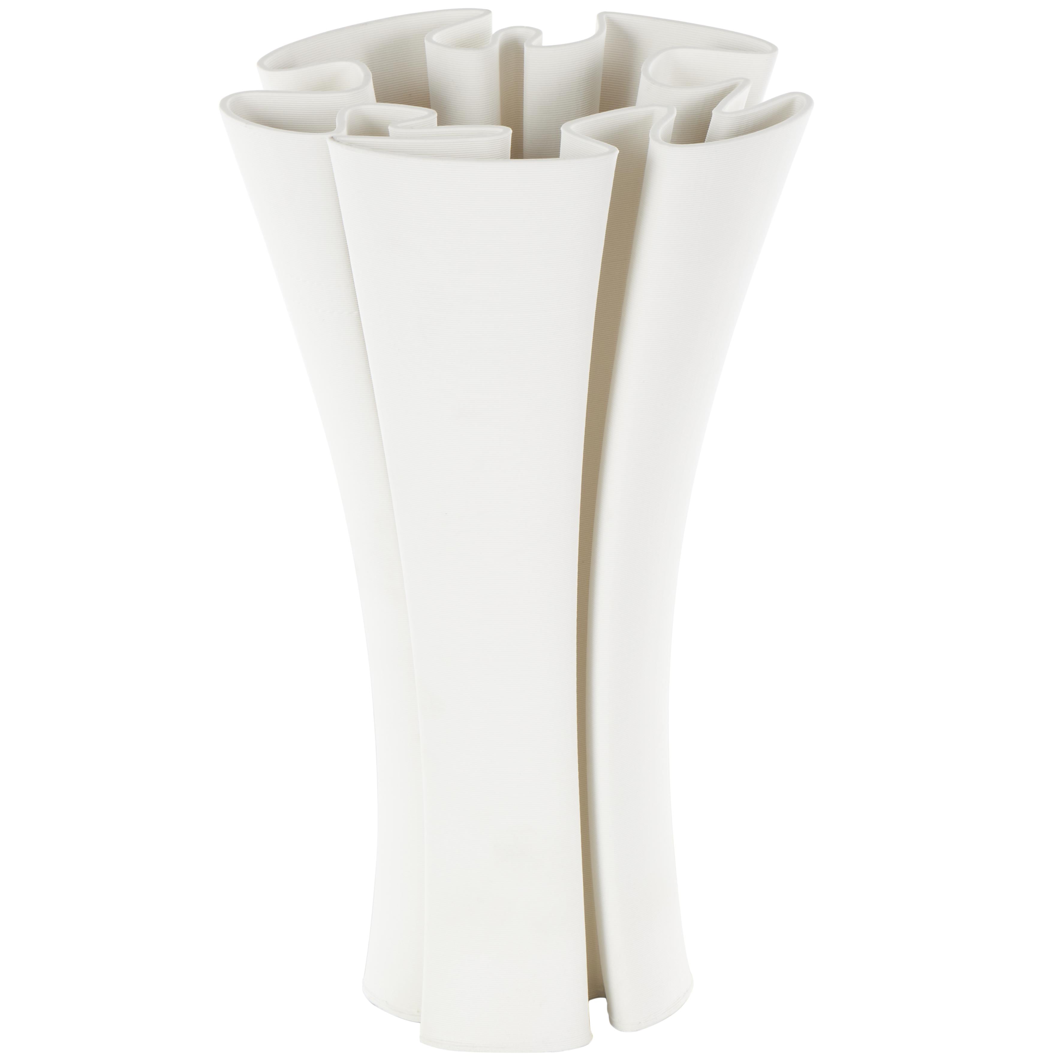 Abstract White Ceramic Ribbed Dimensional Folded Decorative Vase with Curvy Rim