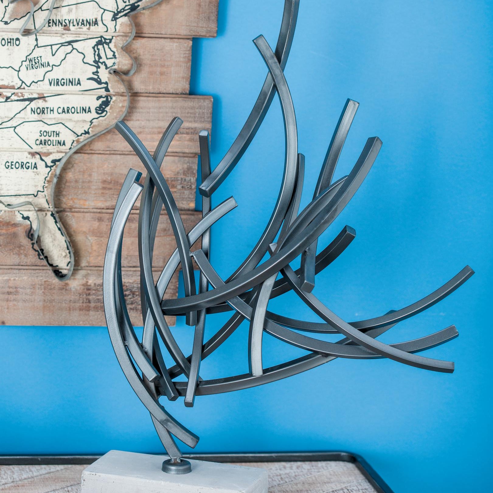 Abstract Dark Gray Metal Decorative Sculpture with Marble Base