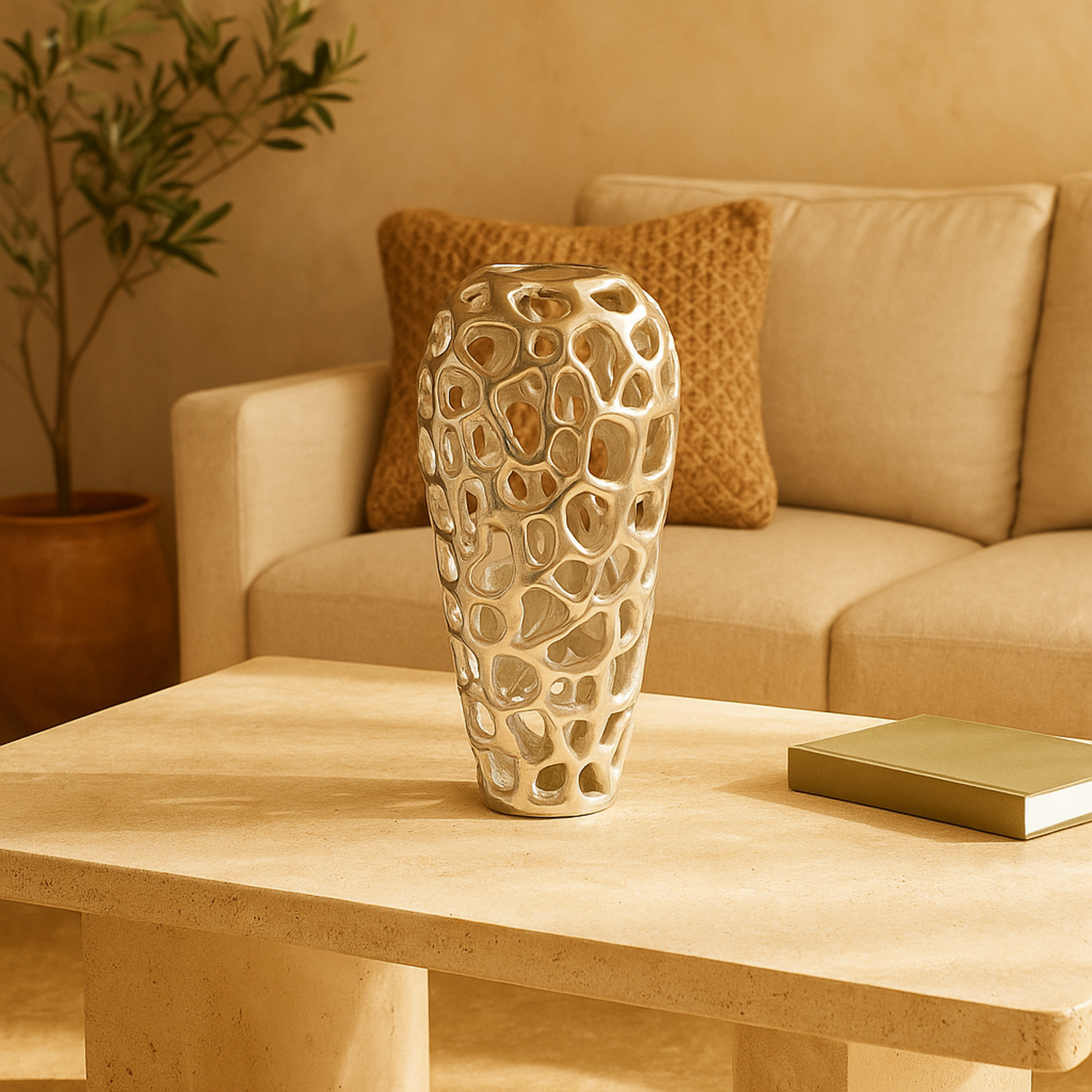 Coral Silver Aluminum Metal Cutout Decorative Vase
