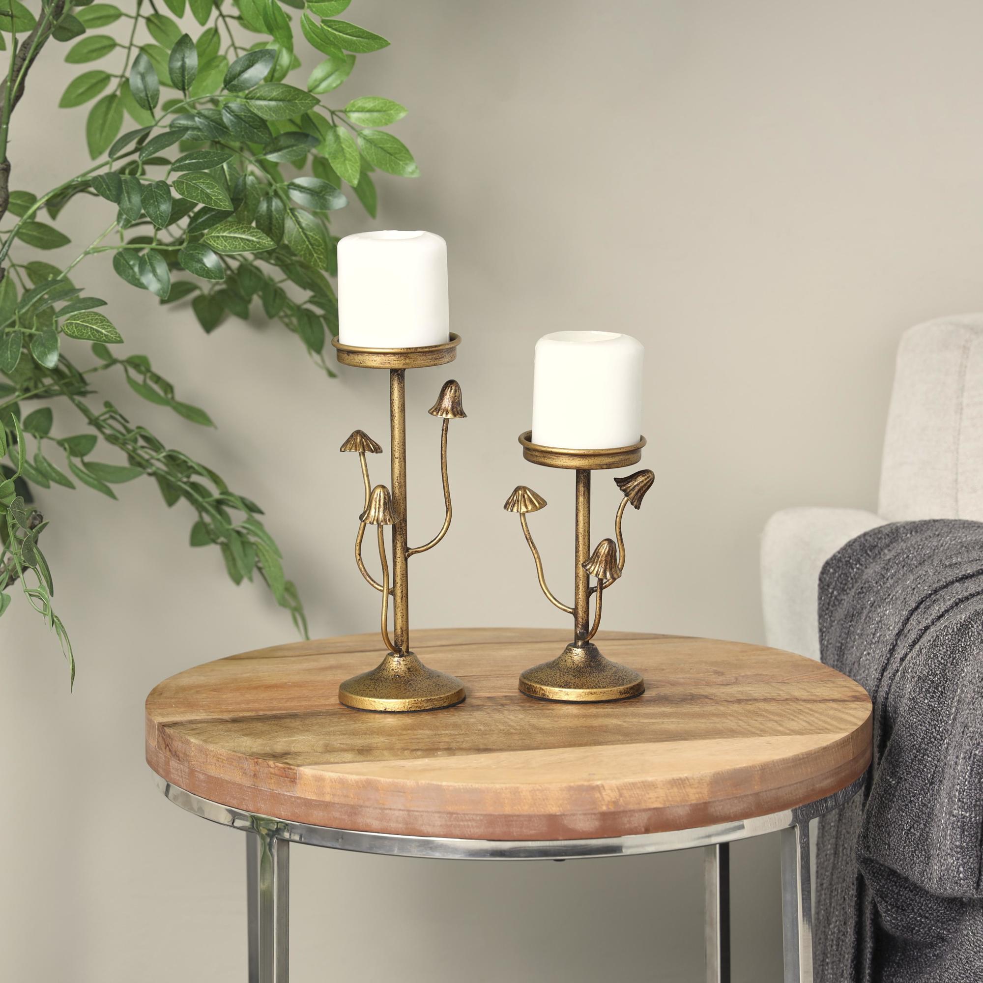 Set of 2 Abstract Gold Metal Mushroom Inspired Decorative Candle Holder