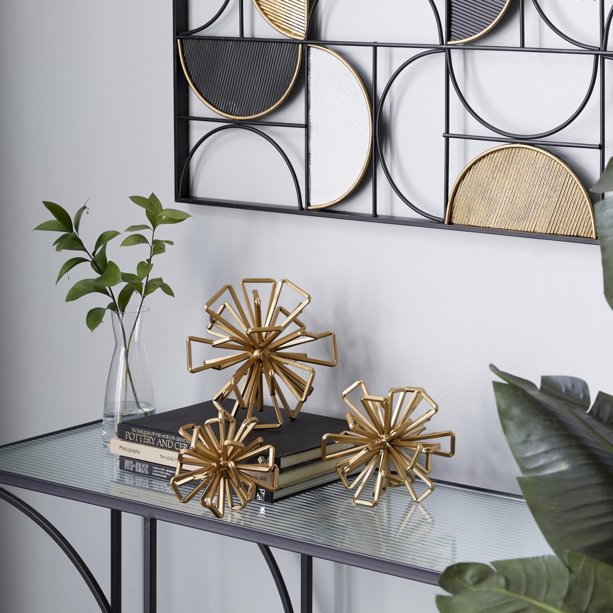 Set of 3 Geometric Gold Metal Wire Rod Orb Decorative Sculpture