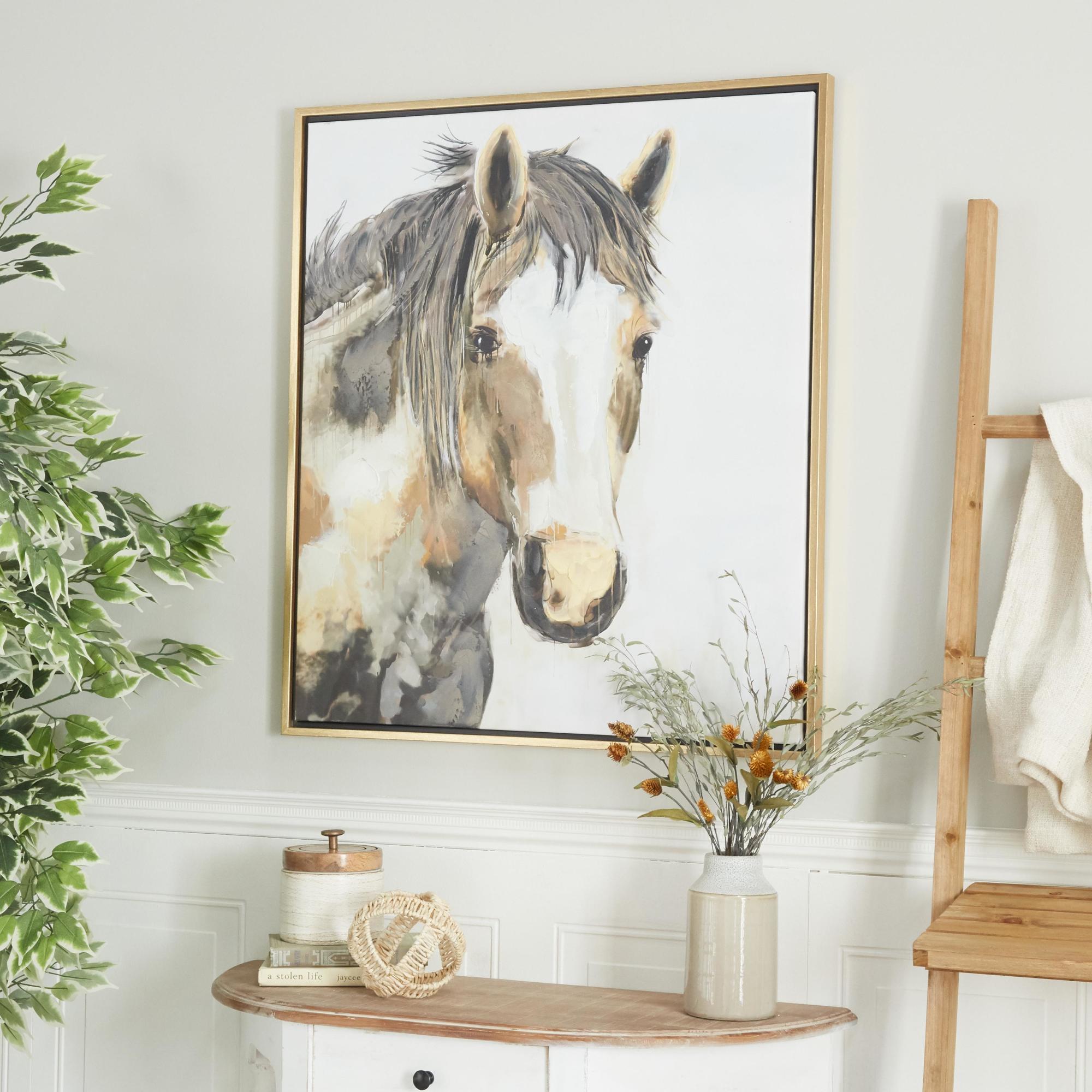 Horse Brown Canvas Living Room Framed Wall Art with Gold Frame