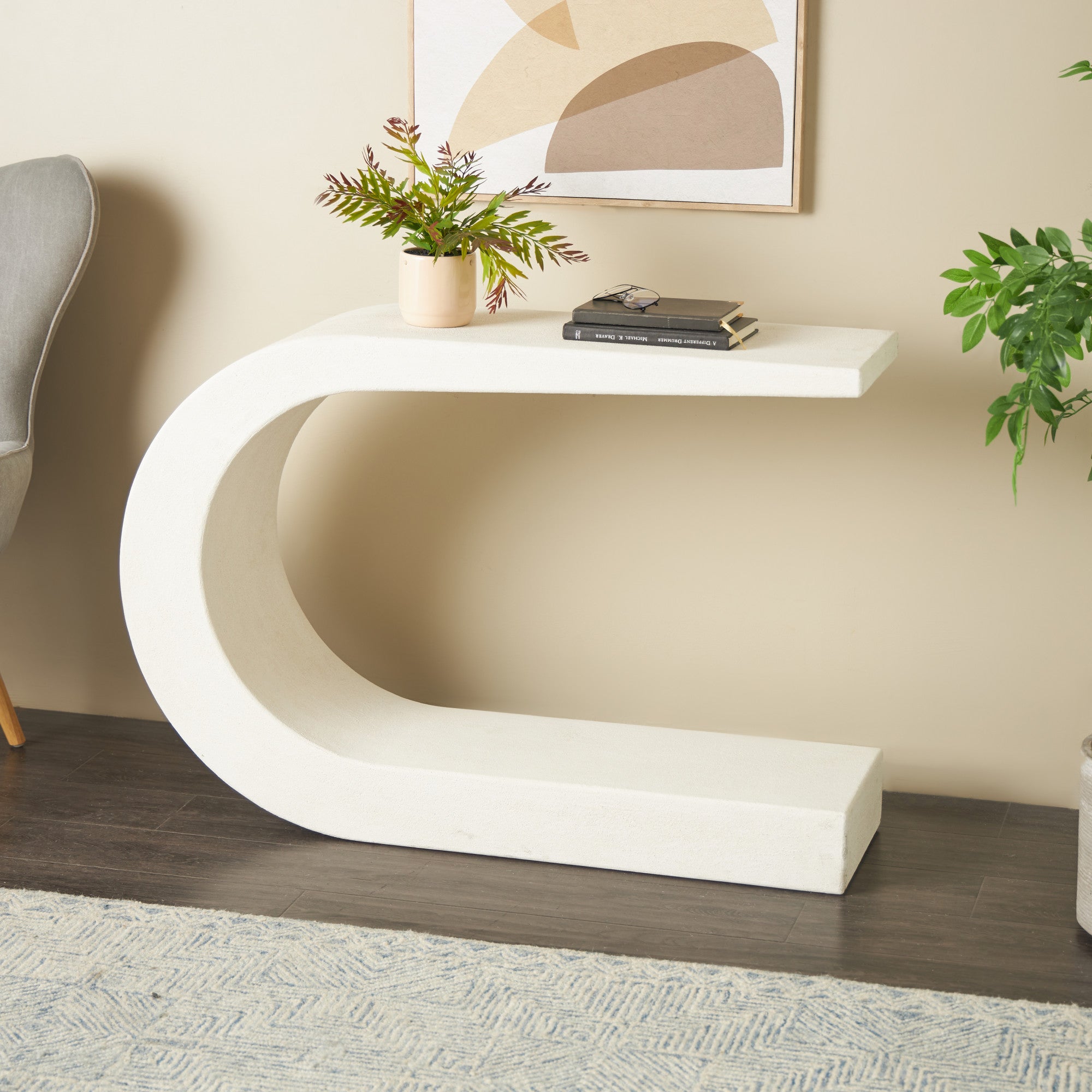 White Wooden C-Shaped Living Room Console Table