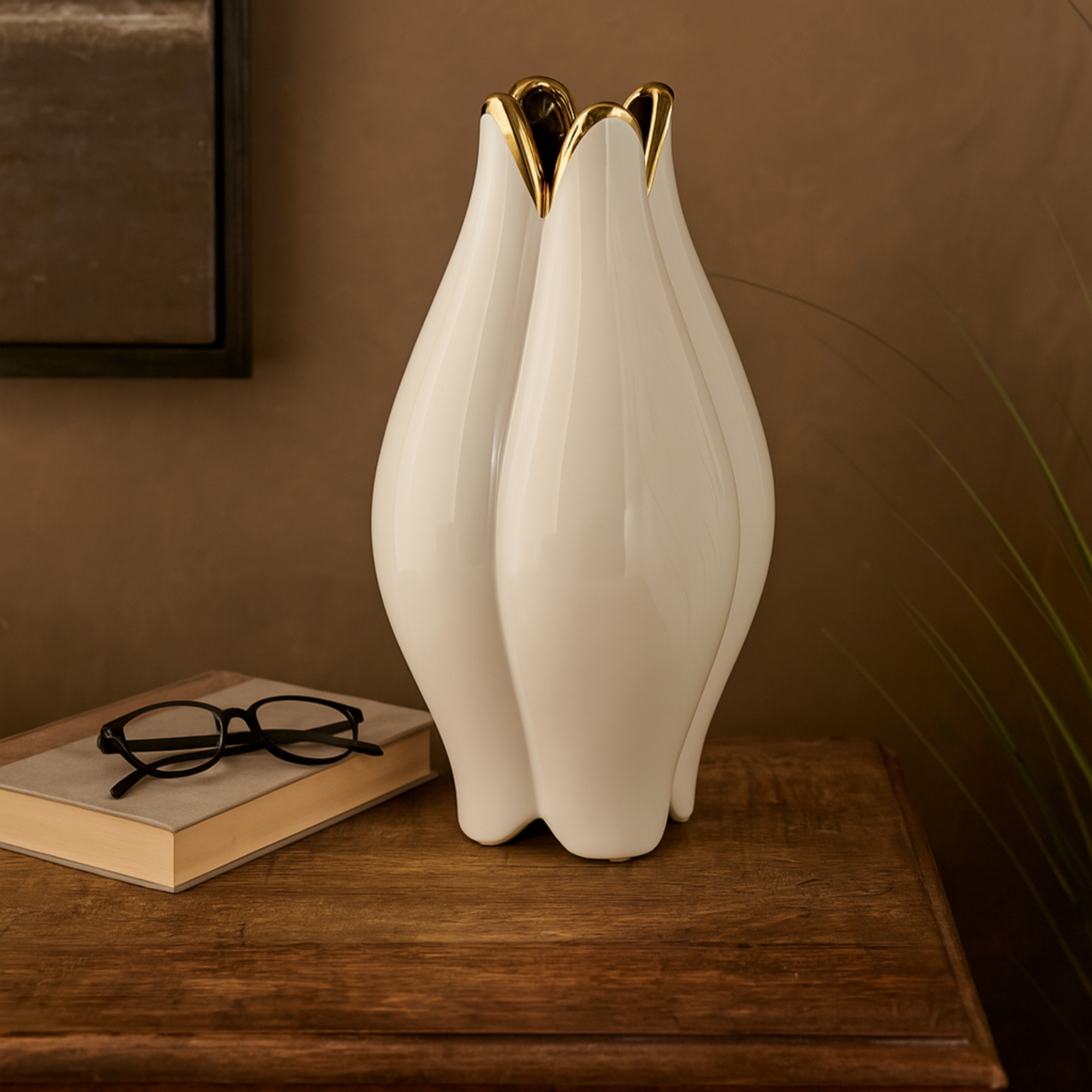 Floral White Ceramic Dimensional Shaped Decorative Vase with Metallic Gold Rim