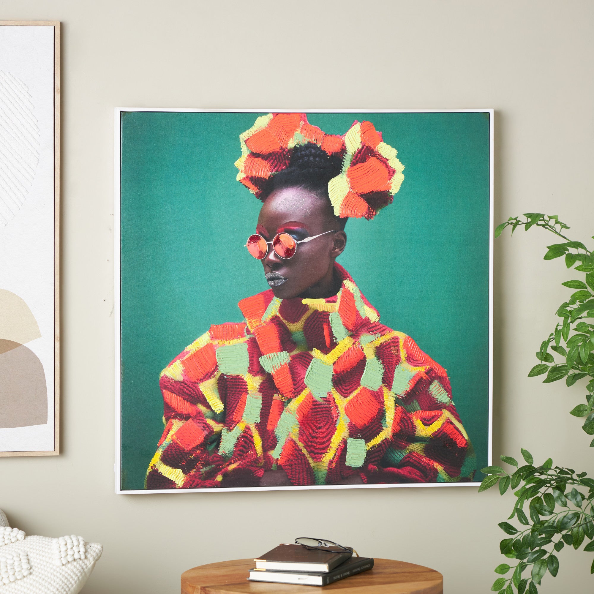 Woman Green Canvas Chic Living Room Framed Wall Art with Red and Yellow Dresswear