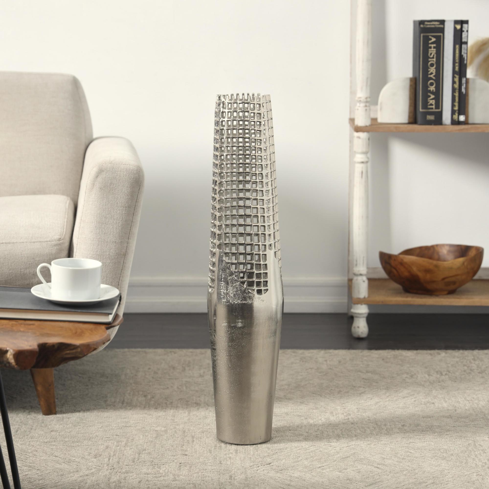 Silver Aluminum Metal Tall Grid Inspired Decorative Vase with Open Frame Design