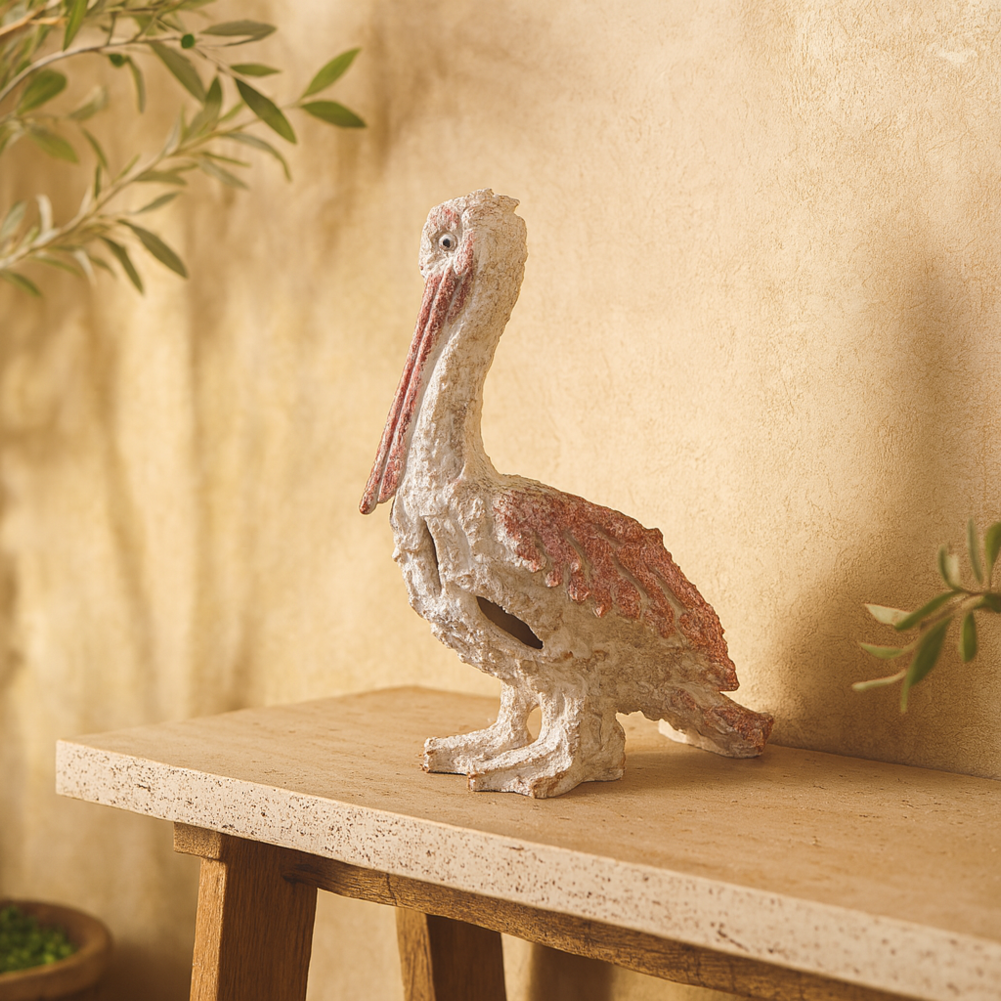 Pelican Polystone Textured Decorative Sculpture with Red Feathers 10" x 6" x 14"