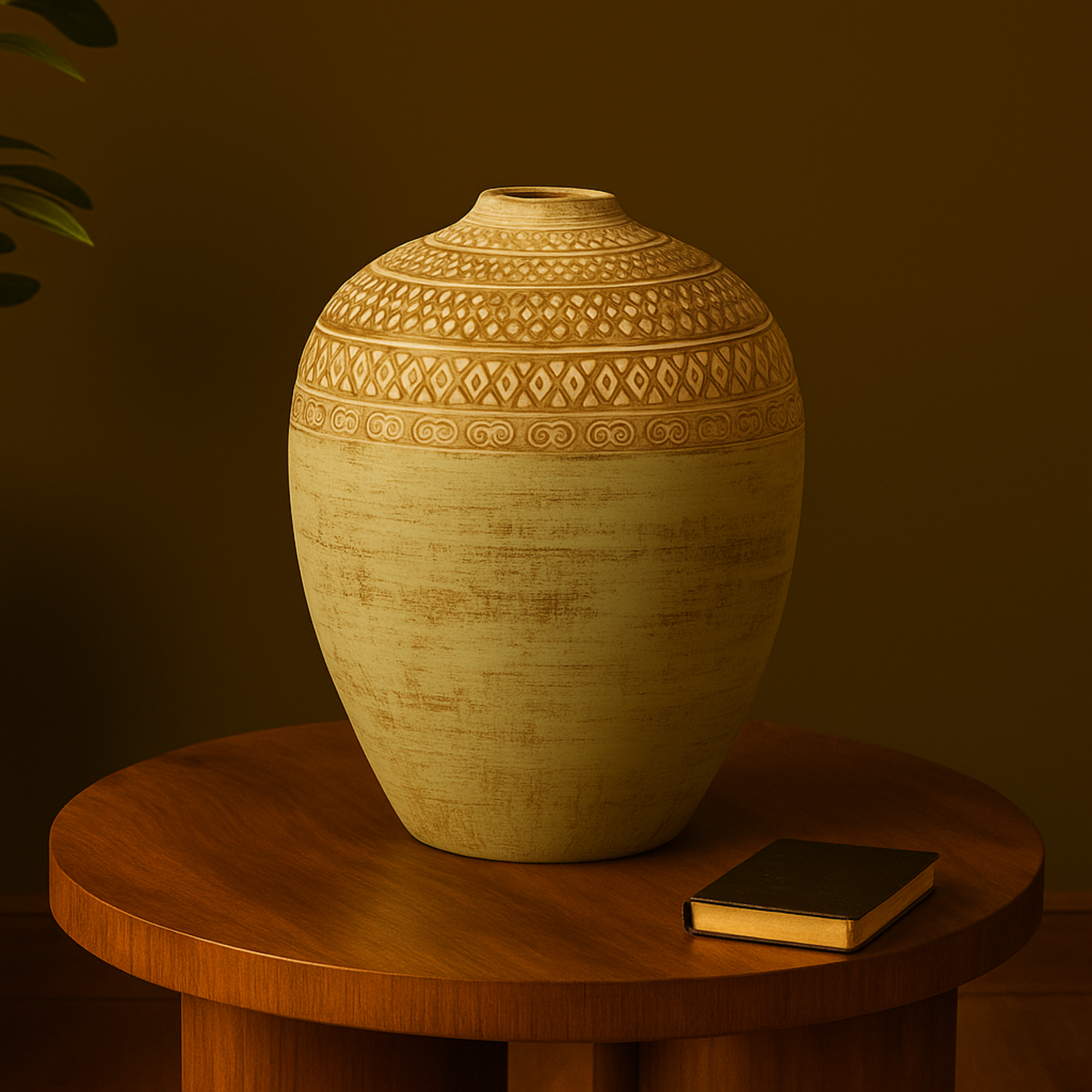 Green Ceramic Handmade Antique Style Decorative Vase with Geometric Tribal Carvings