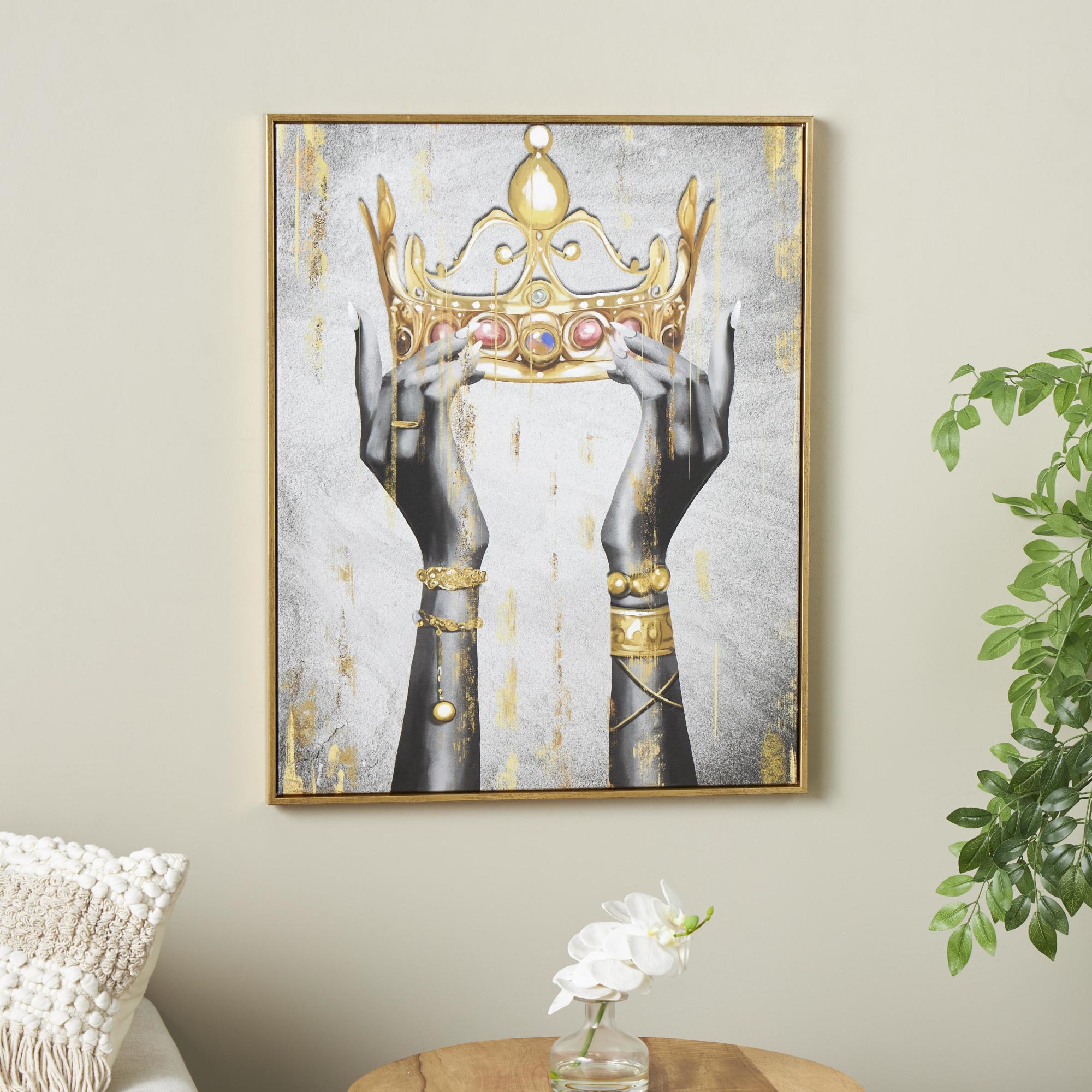 Crown Gold Canvas Living Room Framed Wall Art with Shaded Hands and Metallic Foil Accents