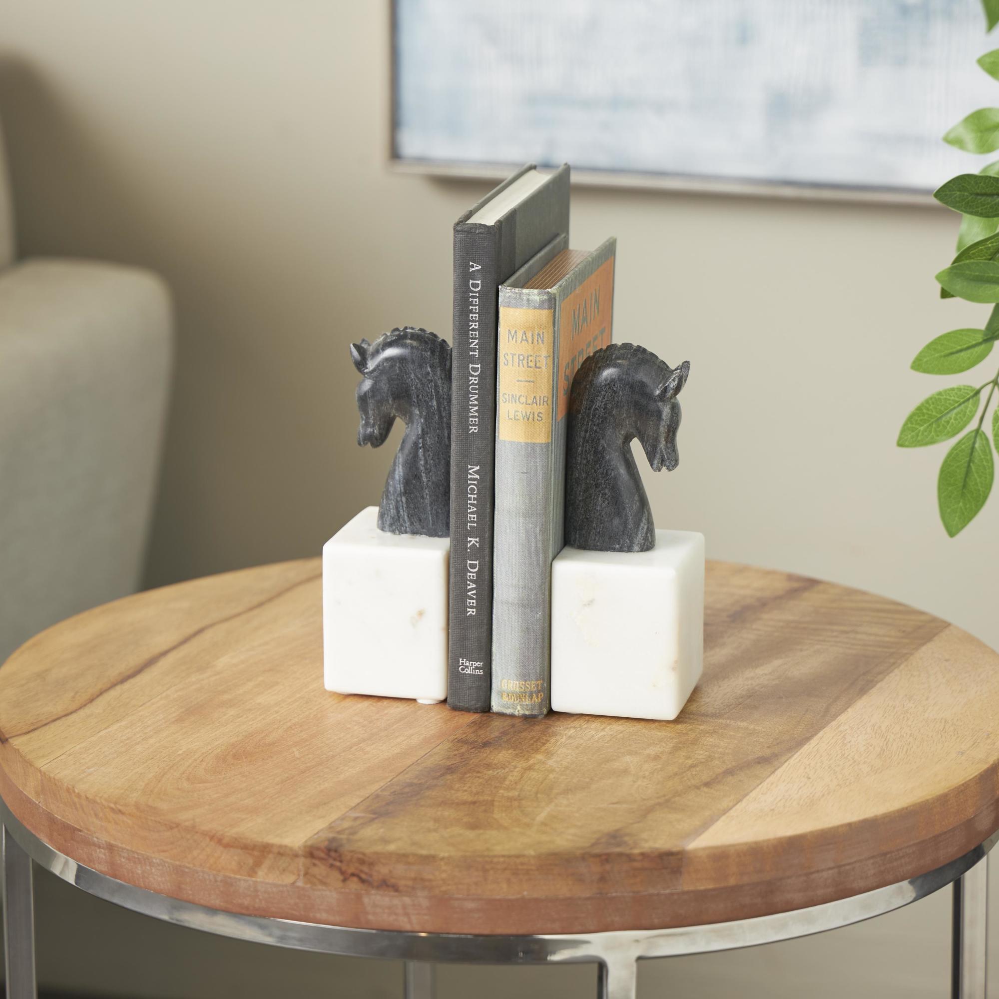 Set of 2 Horse Black Marble Distressed Decorative Bookends with White Block Bases